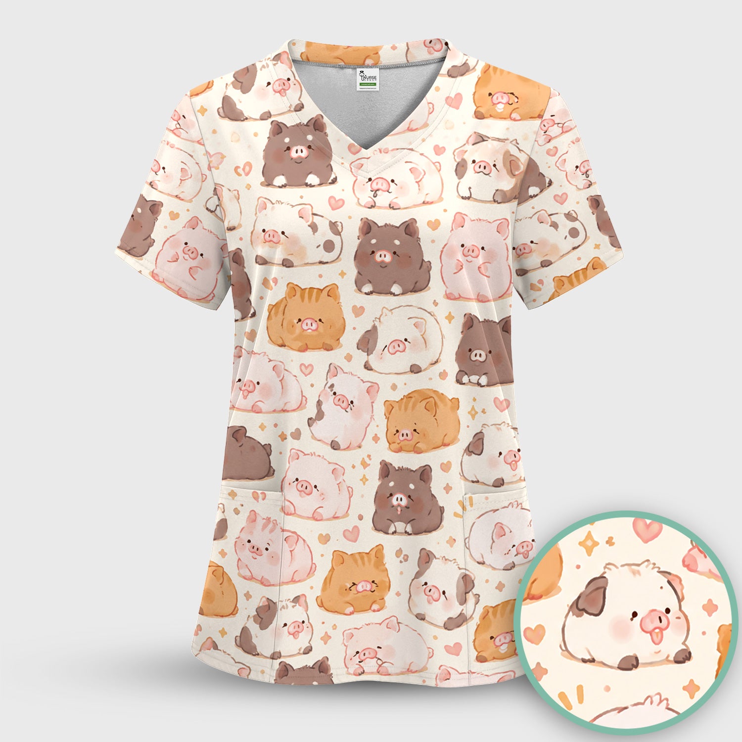 Cute Chubby Pig Nurse Print Scrub Set, Scrub Pants and V Neck Top