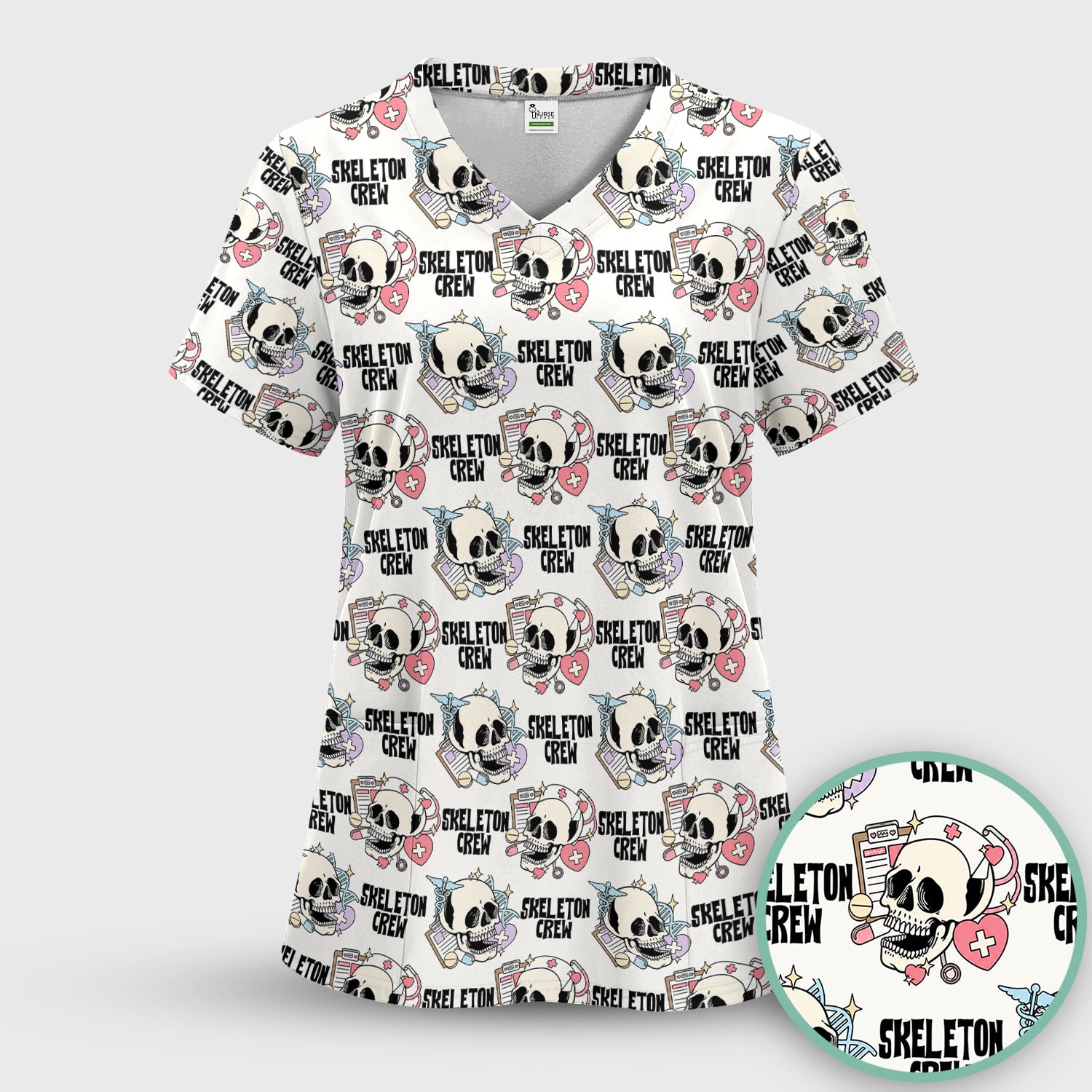 Funny Halloween Skeleton Crew Scrub Set, Scrub Pants and V Neck Top