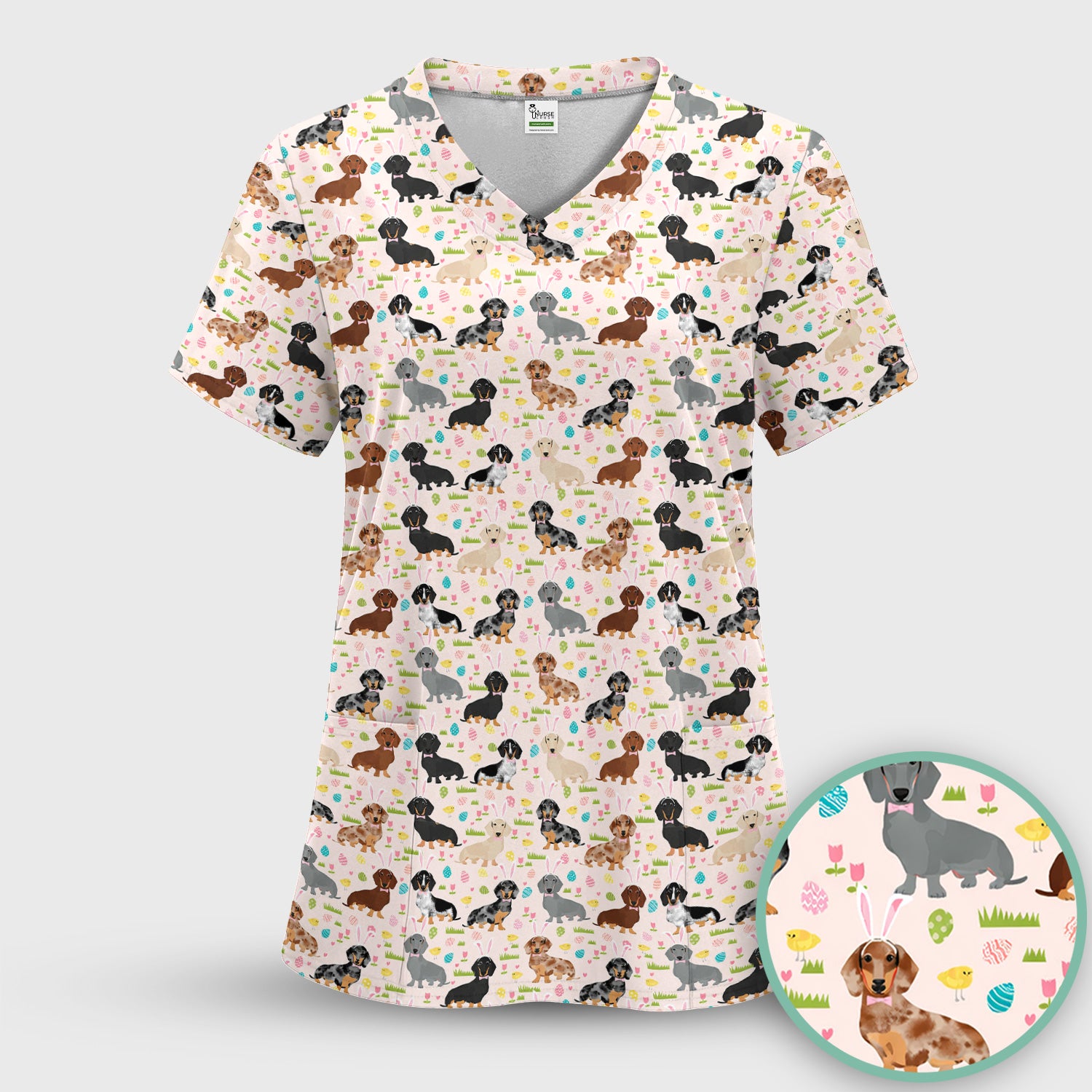 Easter Dachshund Dog Pattern Scrub Top, Comfortable Scrubs for Nurses