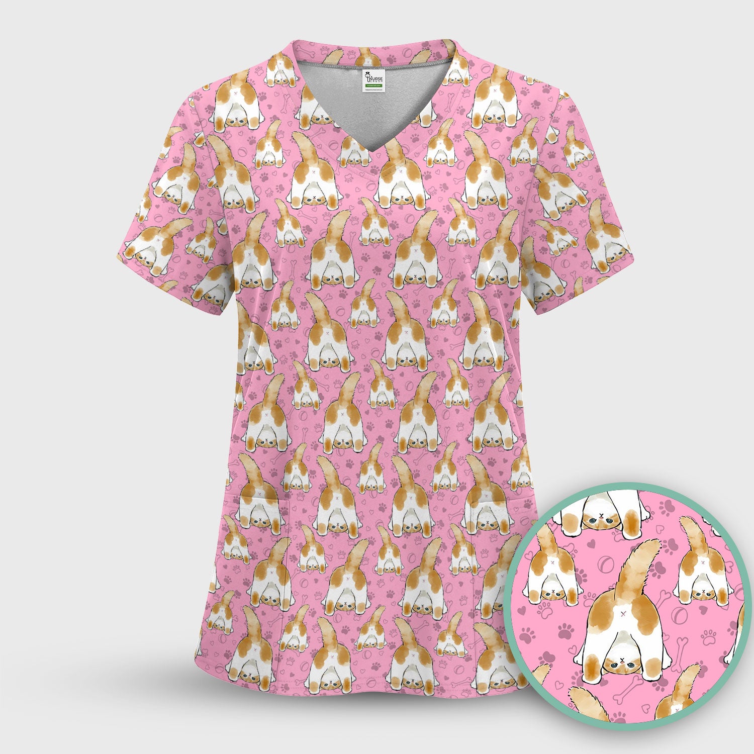 Cute Cat Butt Nurse Scrub Top, Cat Pattern Medical Shirt For Pet Lover, Breathable Fabrics Nursing Uniform