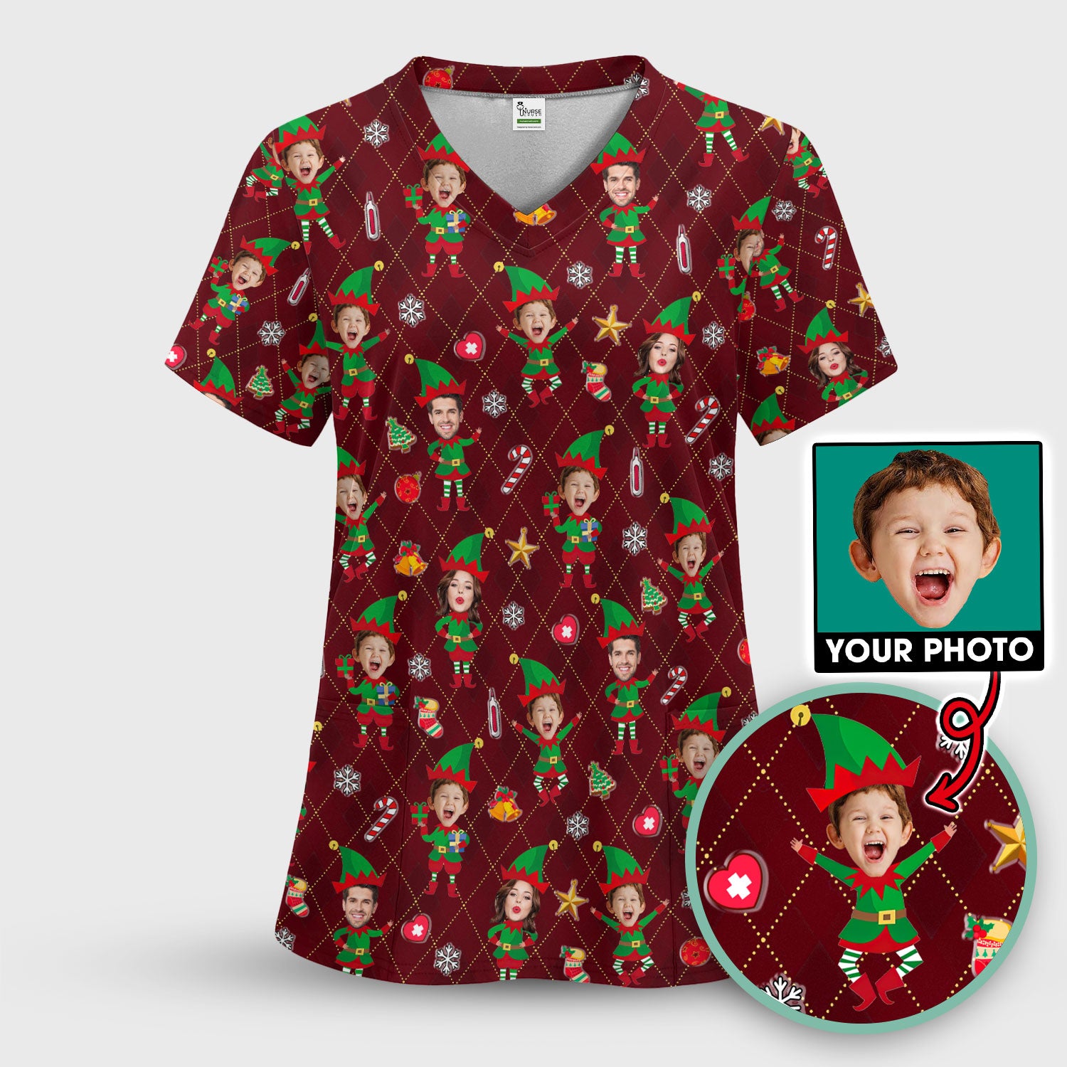 Personalized Face Nurse Shirt, Custom Photo Christmas Scrub Top, Funny Holiday Medical Uniform For Nursing