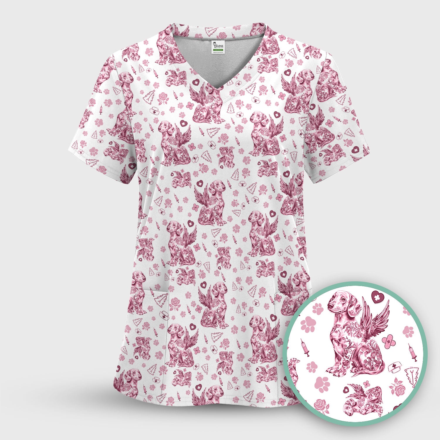 Toile de Jouy Dachshund Angel Scrub Top - Blue Vintage Dog Nurse Shirt - Memorial Christmas Gift
