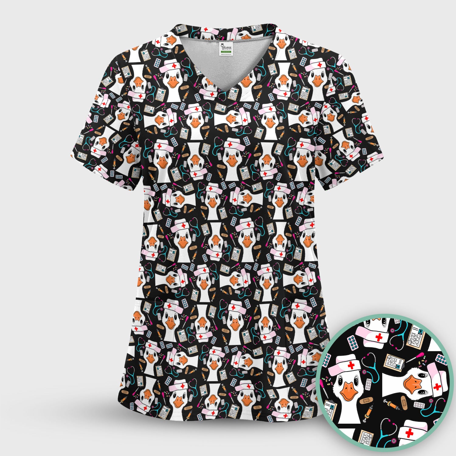 Duck Wearing Hat With Medical Tools Scrub Top, Breathable Fabrics Nursing Uniform