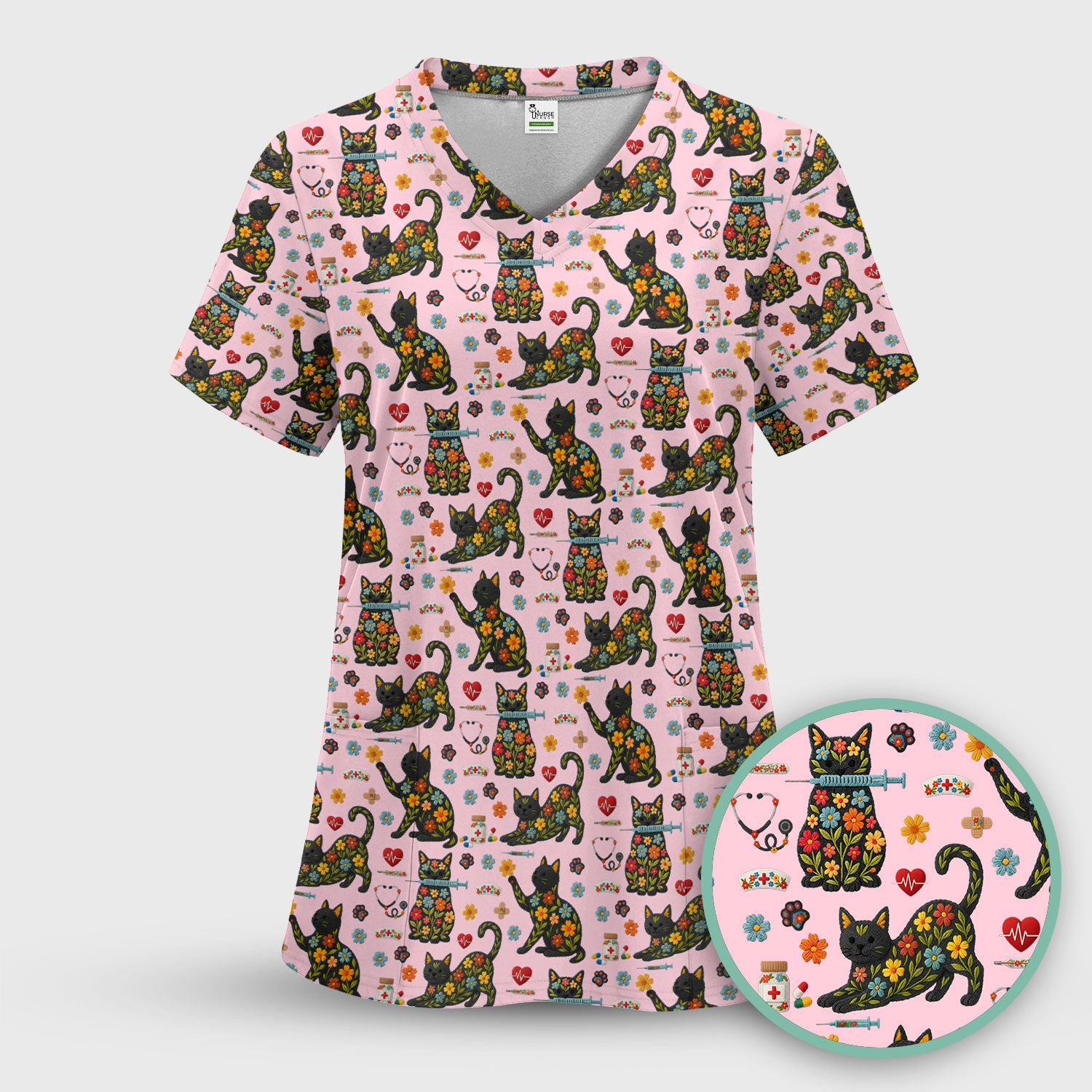 Floral Black Cat Pattern Scrub Top, Cute Cat Nurse Scrub Shirt, Medical Nursing Uniform