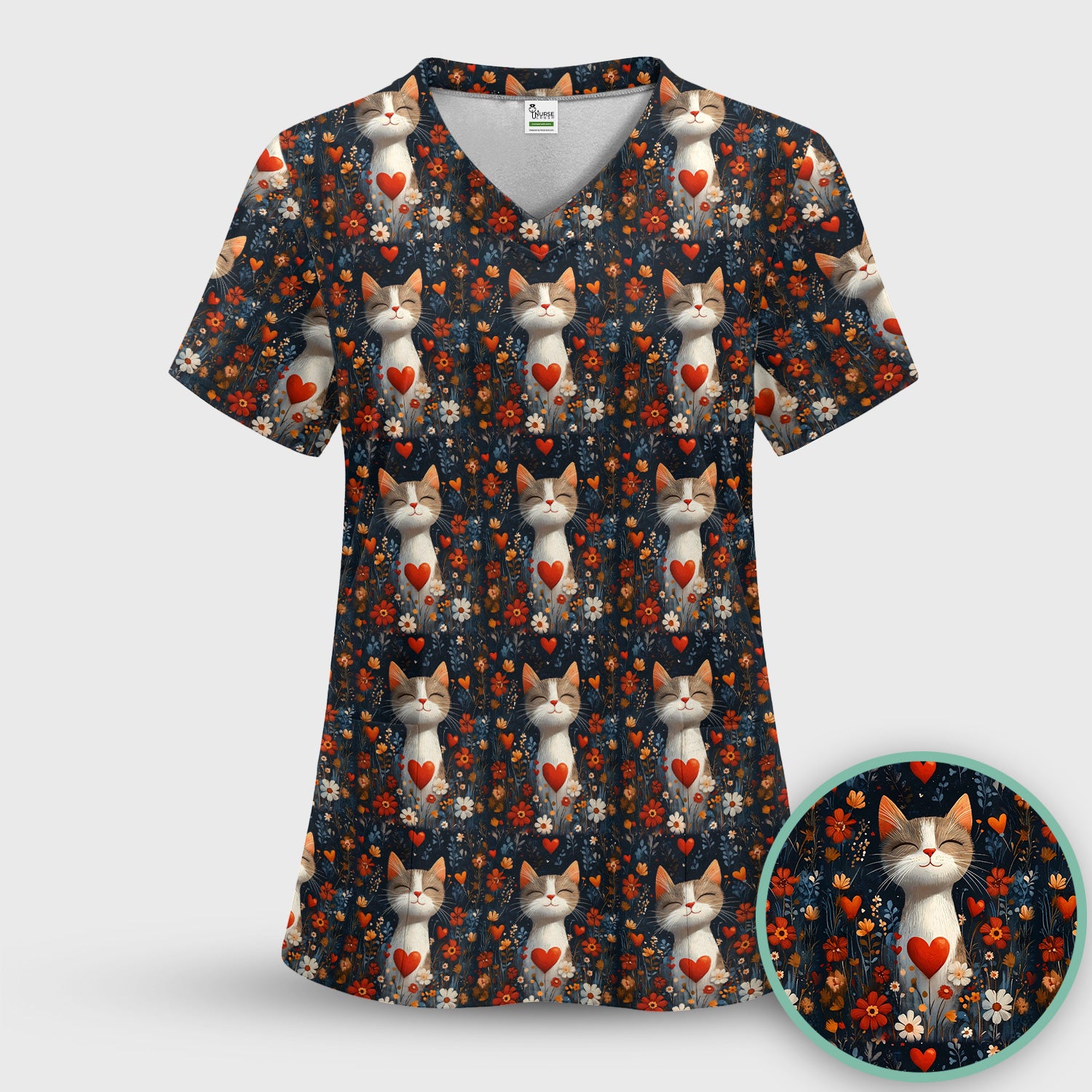 Cat Heart Floral Garden Pattern Scrub Top, Breathable Fabrics Nursing Uniform