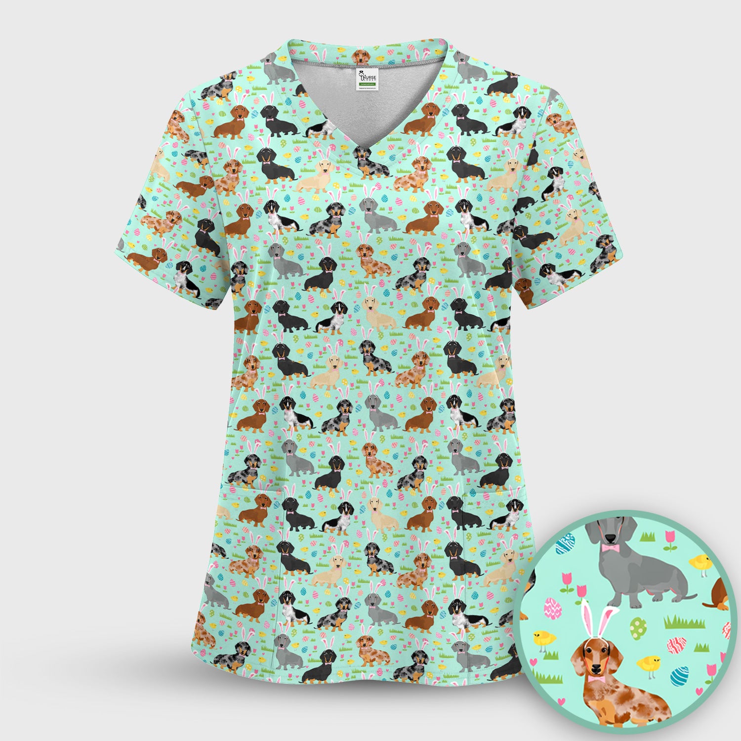 Easter Dachshund Dog Pattern Scrub Top, Comfortable Scrubs for Nurses