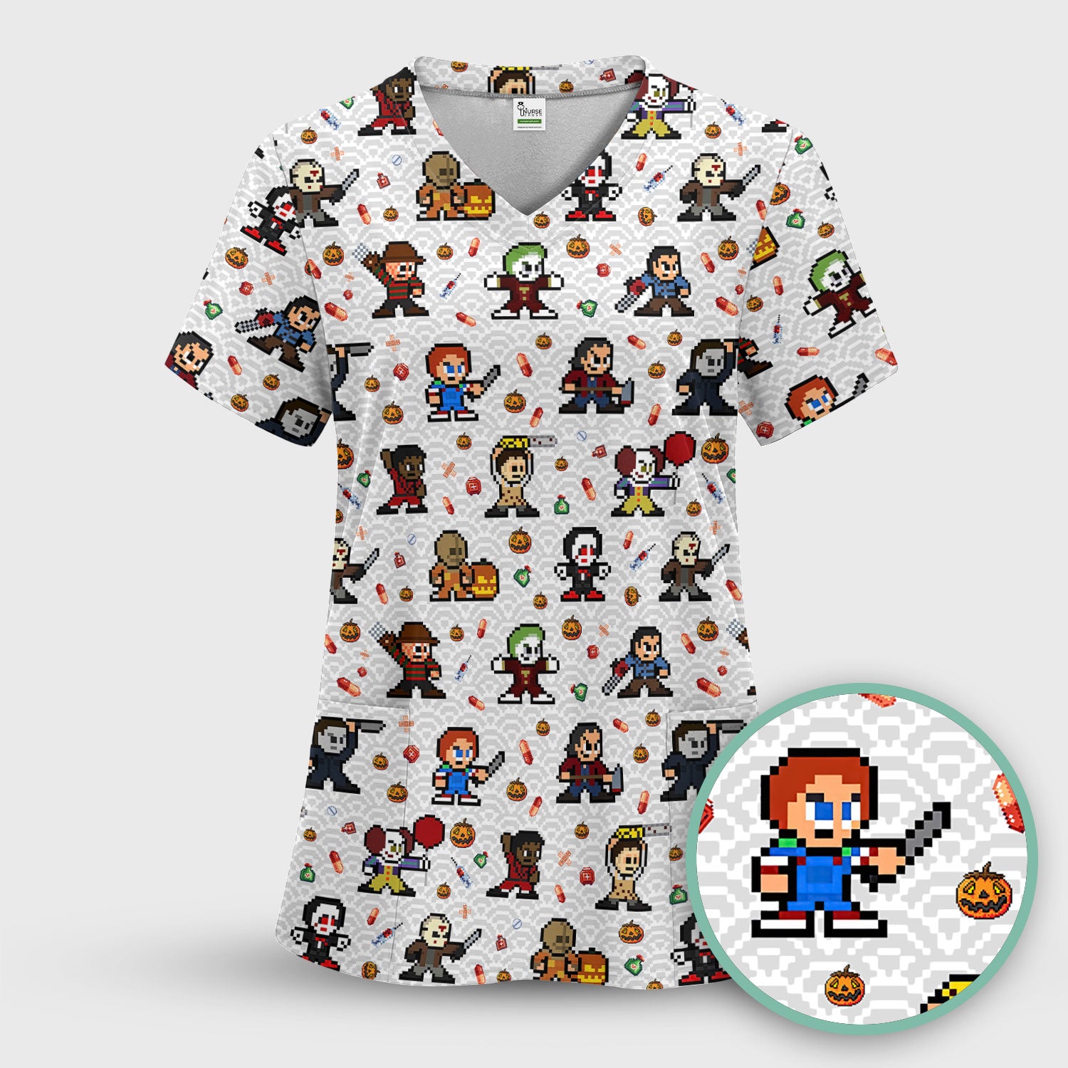Halloween Horror Pixel Scrub - Retro Scary Character Med Uniform - Comfortable Scrubs for Nurses - Spooky Gift for RN LPN CNA