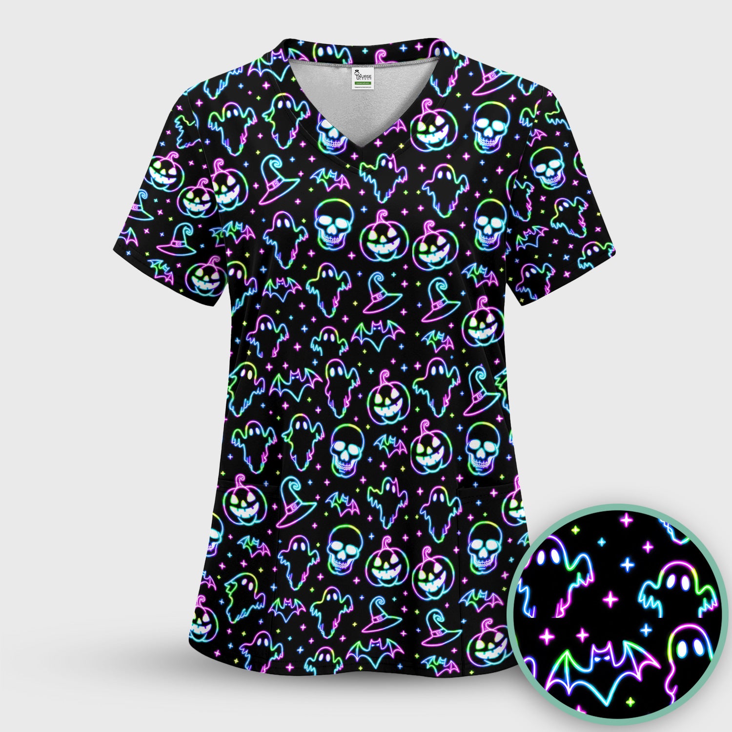 Pumpkin Skull Spooky Print Scrub Top, Comfortable Scrubs for Nurses
