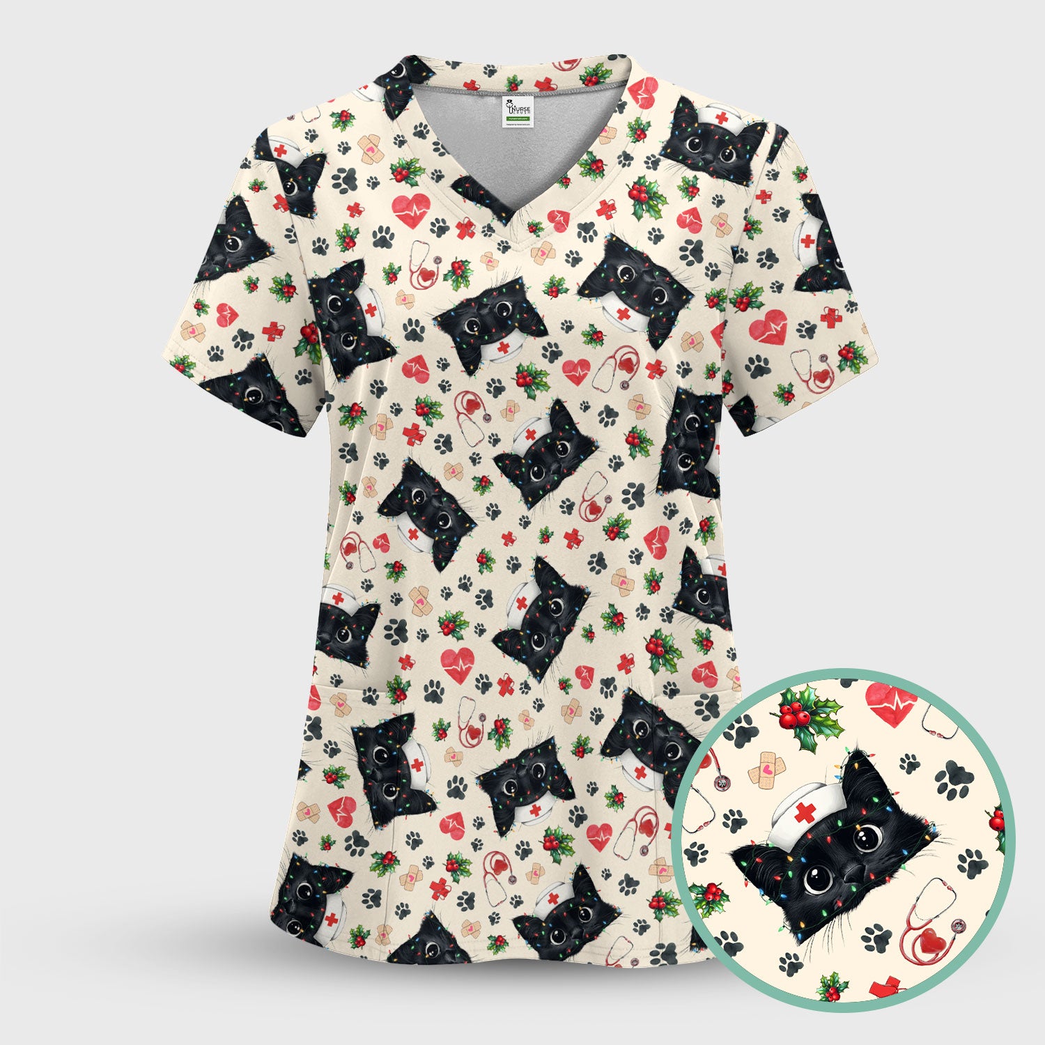 Black Cat Scrub Top for Nurse - Cute Kittens Christmas Medical Uniform - Funny Holiday Gift for Women