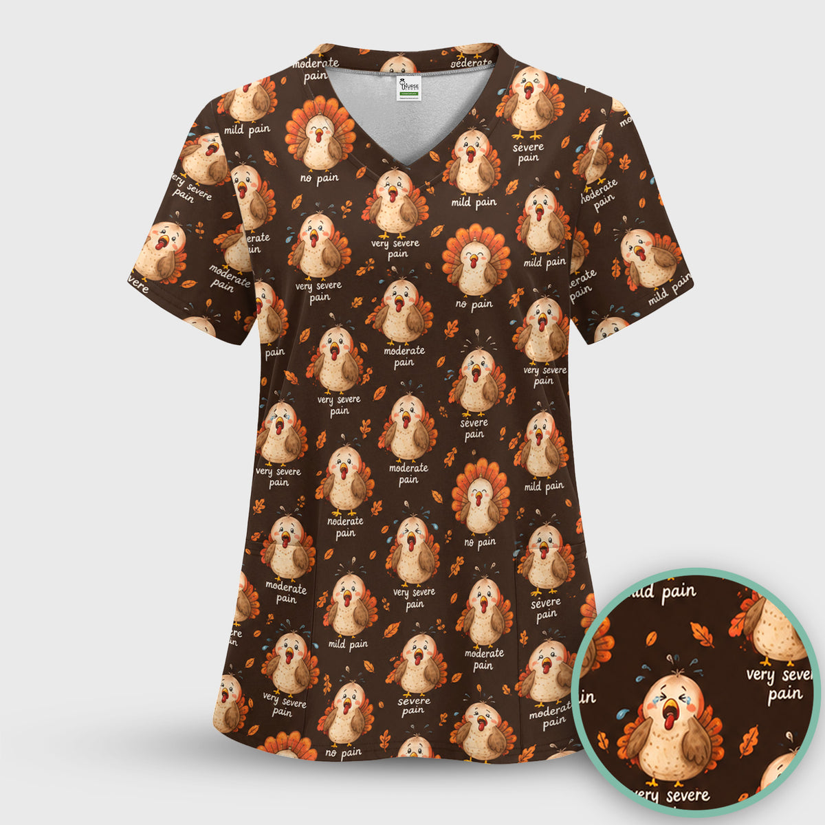 Funny Thanksgiving Turkey Pain Scale Pattern Scrub Set, Scrub Pants and V Neck Top