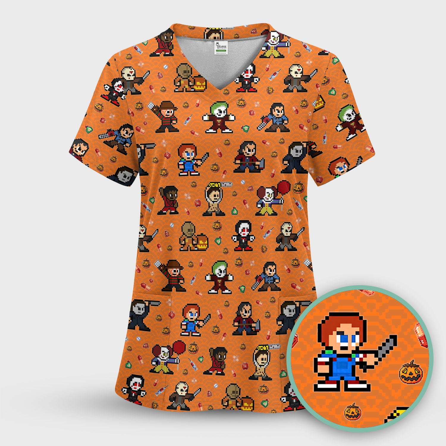 Halloween Horror Pixel Scrub - Retro Scary Character Med Uniform - Comfortable Scrubs for Nurses - Spooky Gift for RN LPN CNA