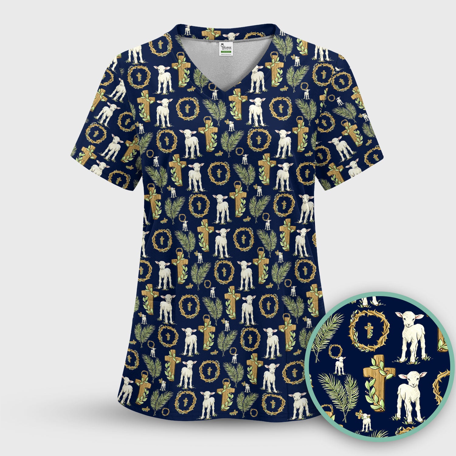 Faith Lamb Cross Pattern Scrub Top, Comfortable Scrubs for Nurses