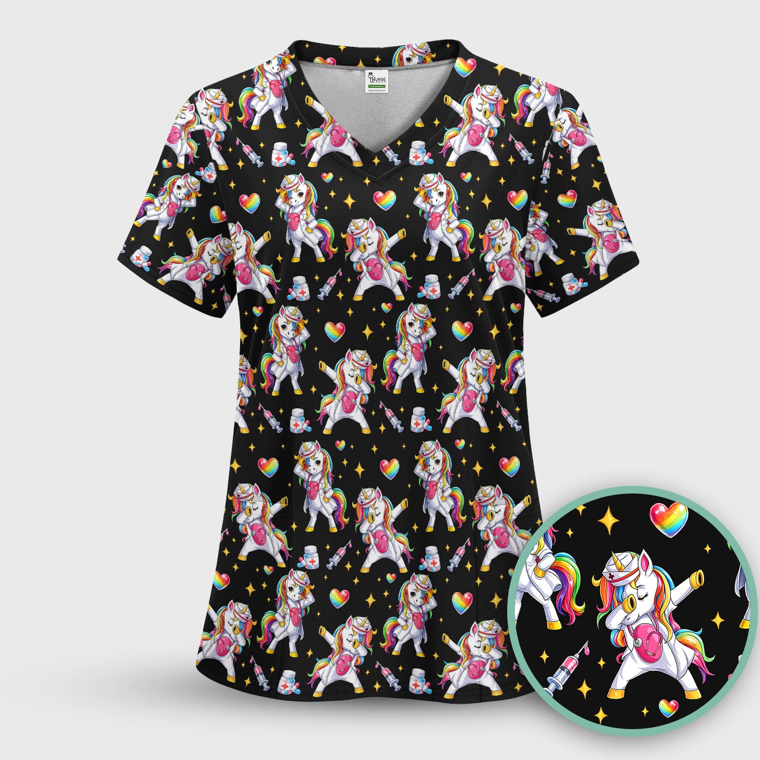 Playful Nurse Unicorn Rainbow Pattern Scrub Top, Comfortable Scrubs for Nurses