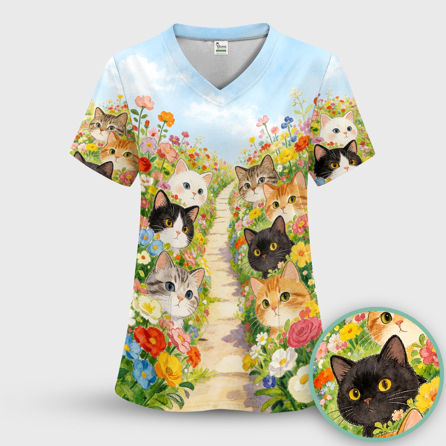 Cute Garden Cats Flower Path Pattern Scrub Top, Comfortable Scrubs for Nurses