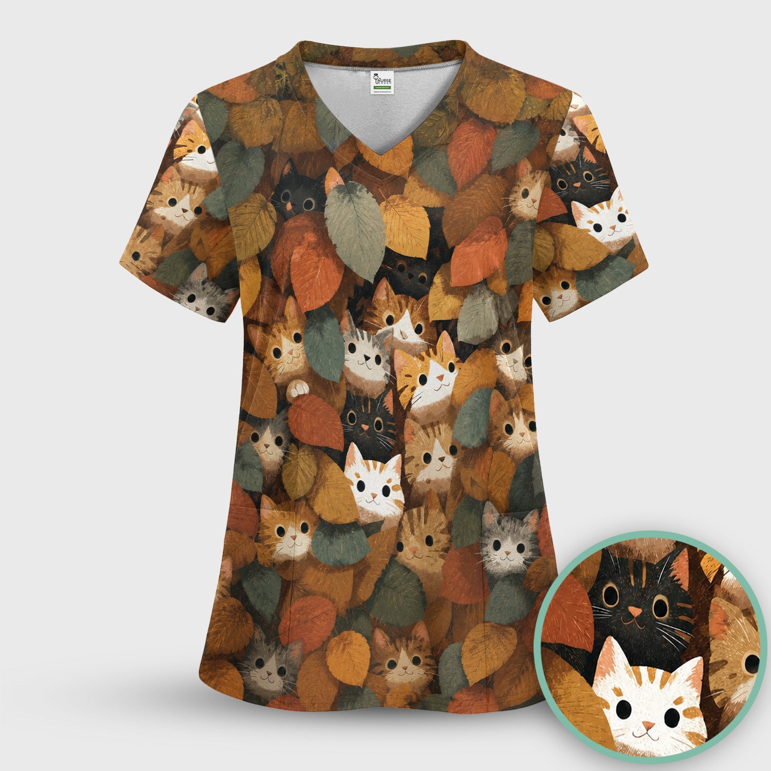 Cute Autumn Cat Leaf Pile Pattern Scrub Top, Comfortable Scrubs for Nurses