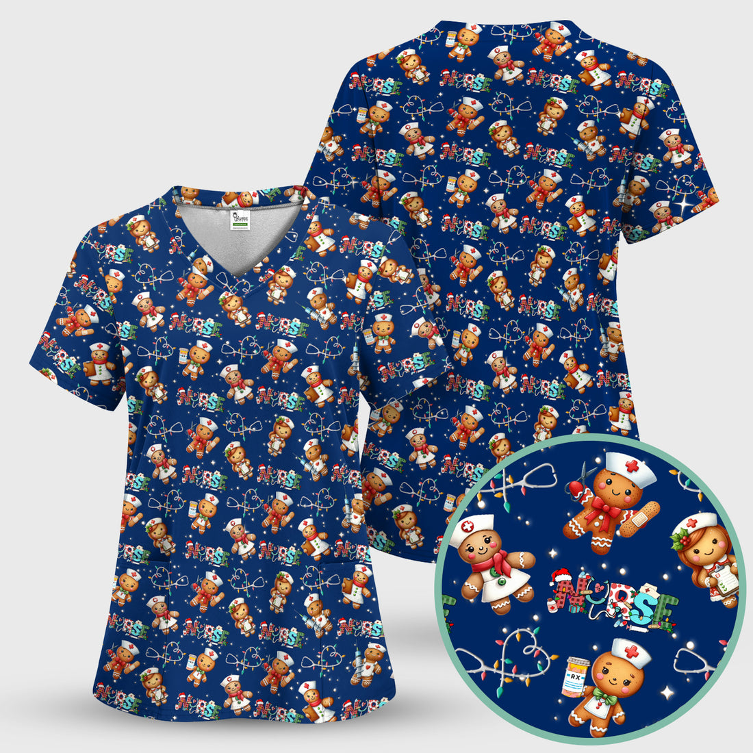 Christmas Gingerbread Nurse Scrub Top - Cute Holiday Medical Uniform for Women - Gift for RN CNA LPN LVN EN
