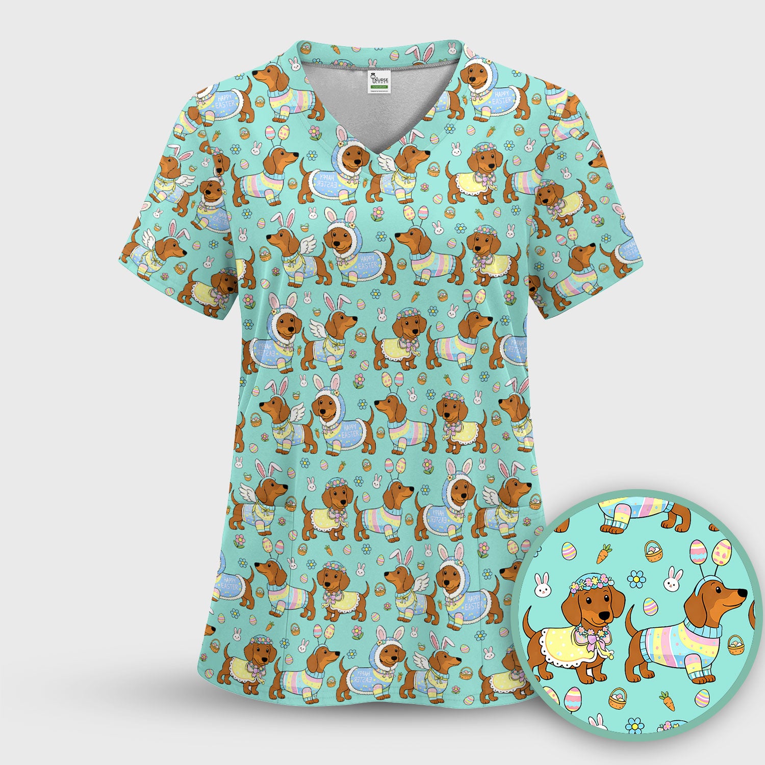 Easter Dachshund Bunny Print Scrub Top, Breathable Fabrics Nursing Uniform