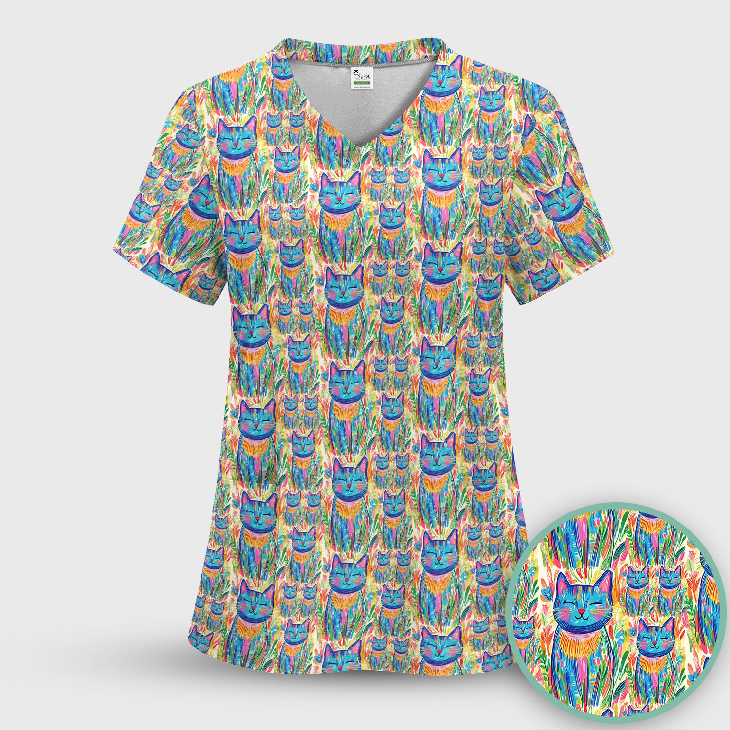 Colorful Rainbow Cat With Floral Brushstroke Scrub Set, Scrub Pants and V Neck Top