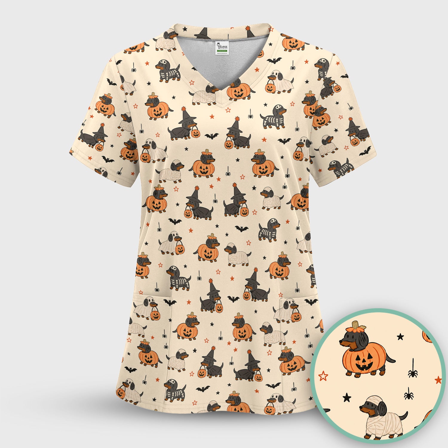Halloween Dachshund Pattern Scrub Top, Comfortable Scrubs for Nurses