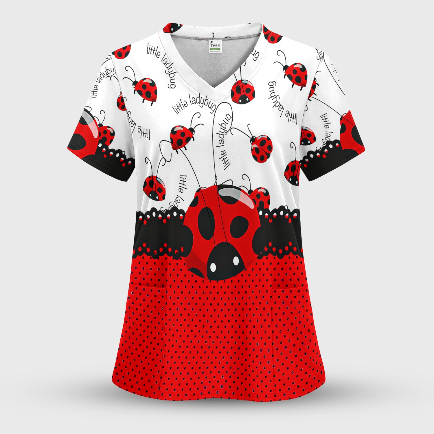 Cute Little Ladybug Polka Dot Pattern Scrub Top, Breathable Fabrics Nursing Uniform