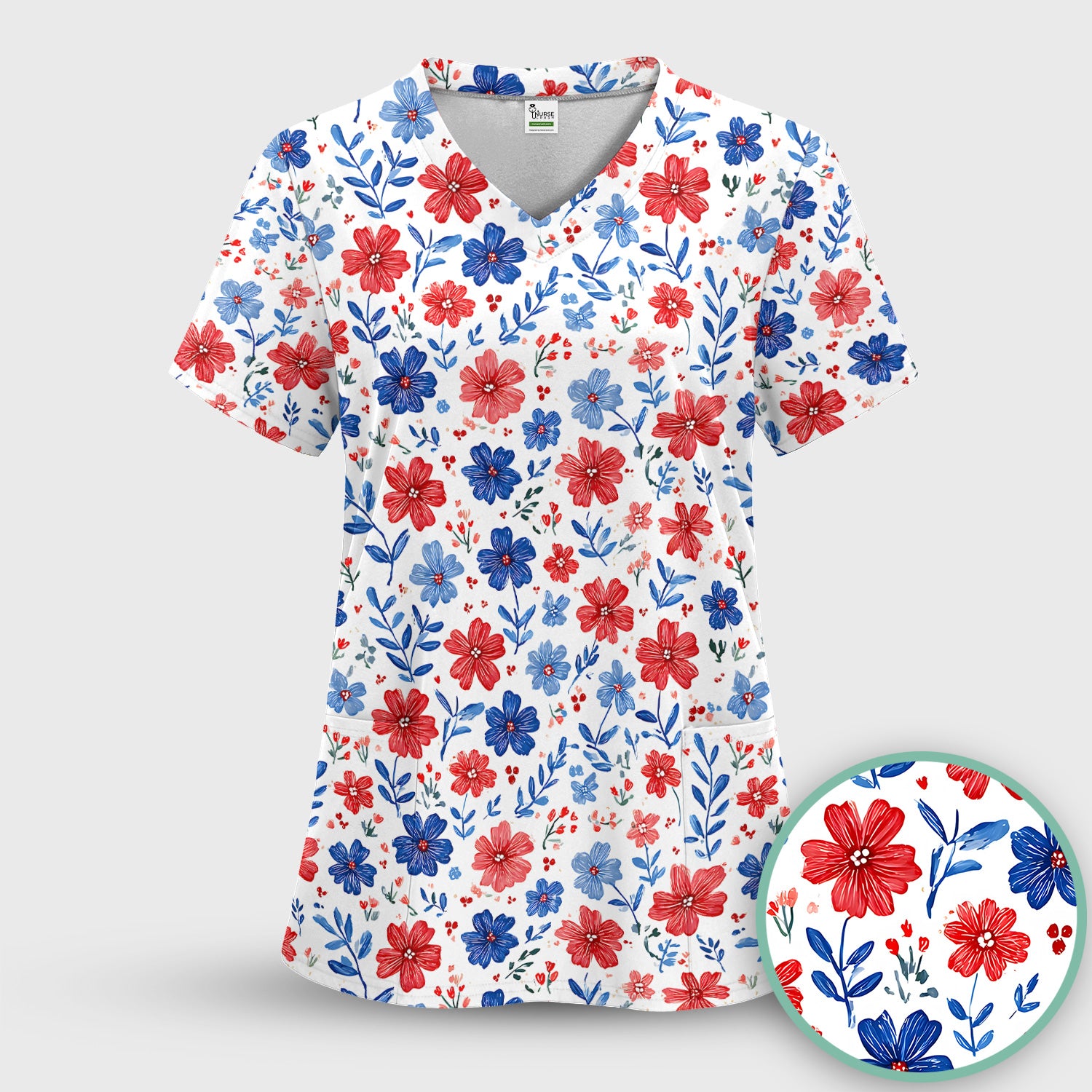 Patriotic Red White Blue Floral Print Scrub Top, Comfortable Scrubs for Nurses
