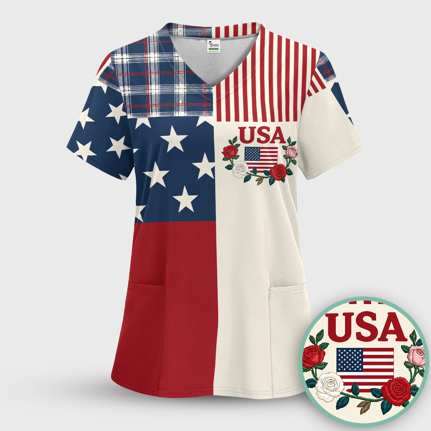 USA Flag Rose Patchwork Pattern Scrub Set, Scrub Pants and V Neck Top