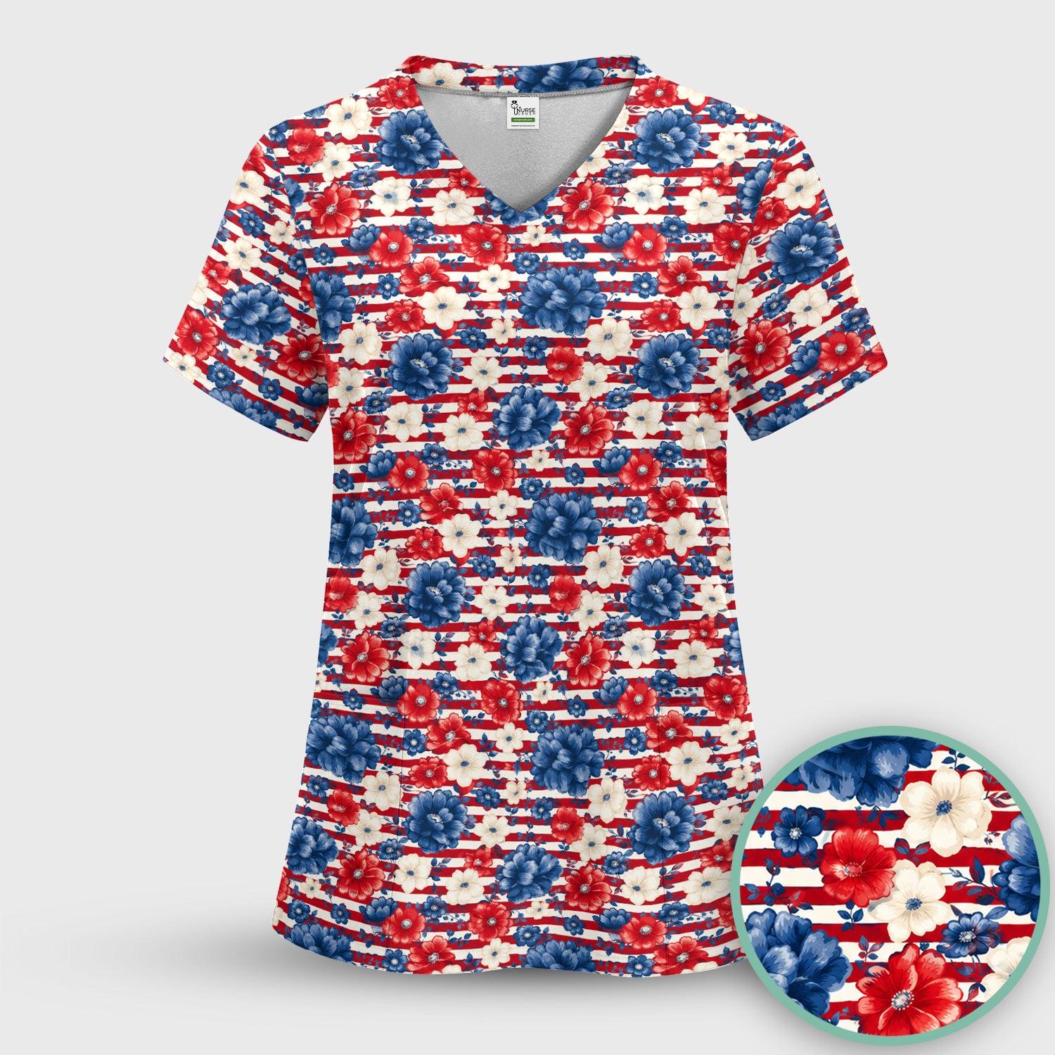 Patriotic Nurse Floral Stripe Pattern Scrub Set, Scrub Pants and V Neck Top