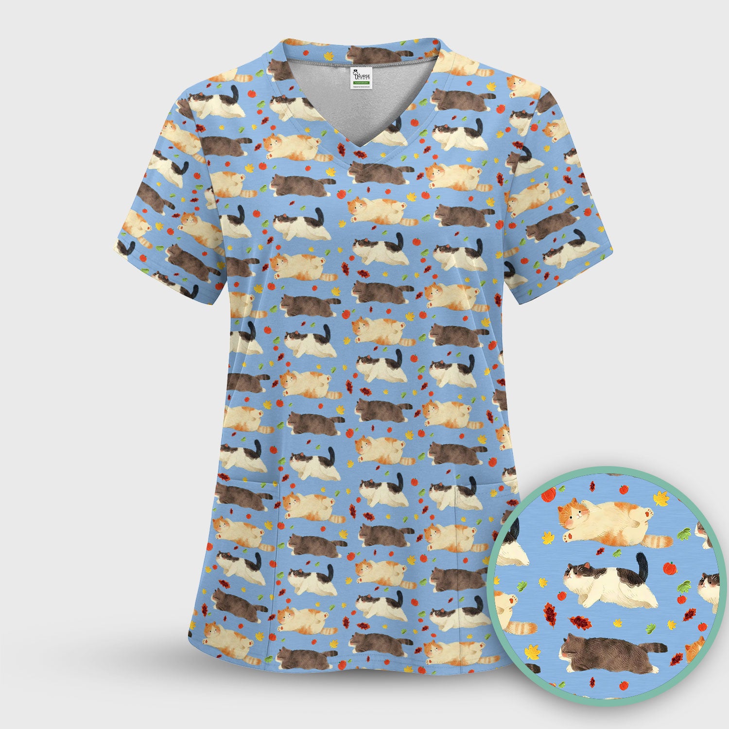 Chubby Cat Autumn Leaves Print Scrub Top, Breathable Fabrics Nursing Uniform
