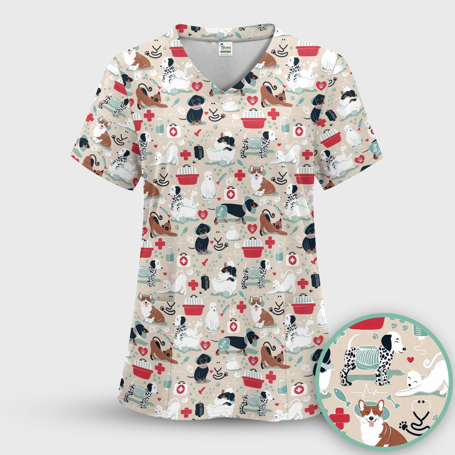 Dogs With Veterinary Tools And Paw Print Scrub Set, Breathable Med Uniform