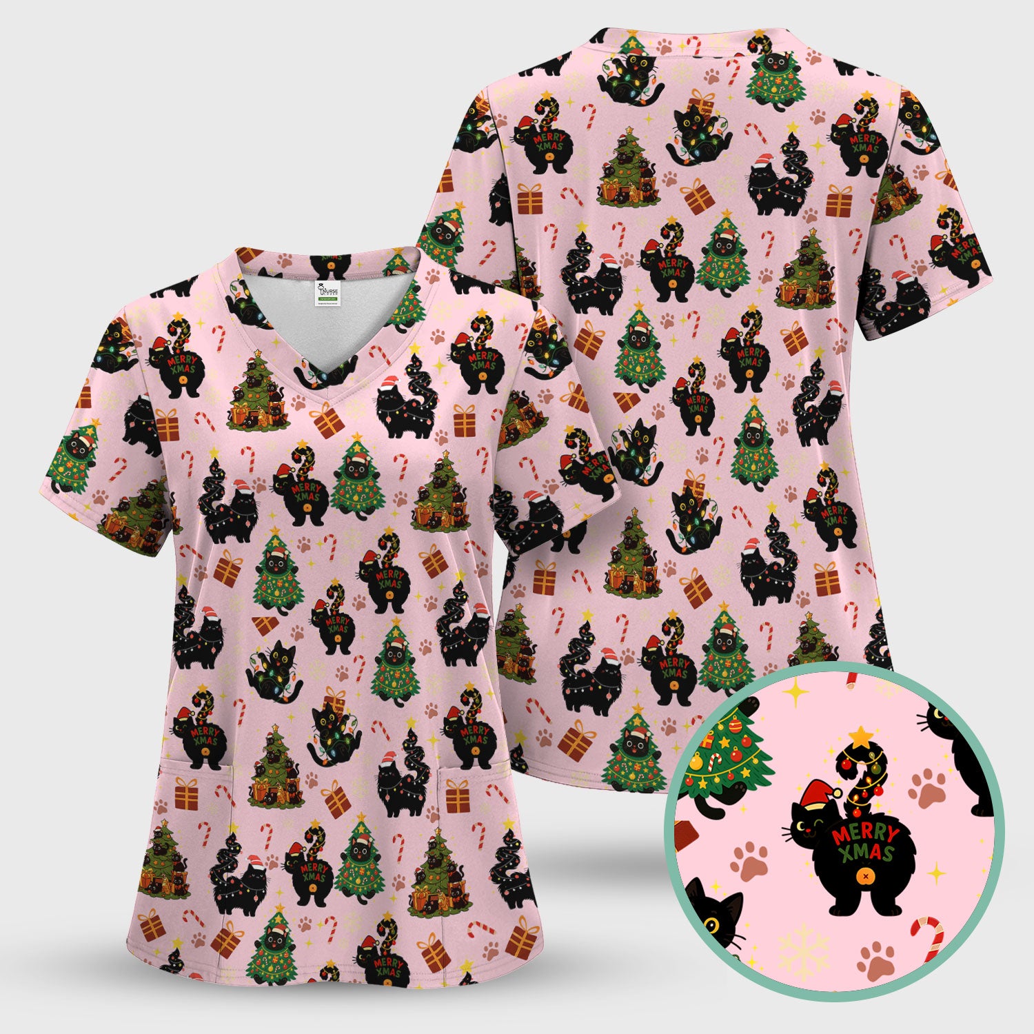 Christmas Cat Scrub Set for Women - Black Cat and Tree Pattern Holiday Nurse Scrubs - Cute Gift for RN LPN CNA