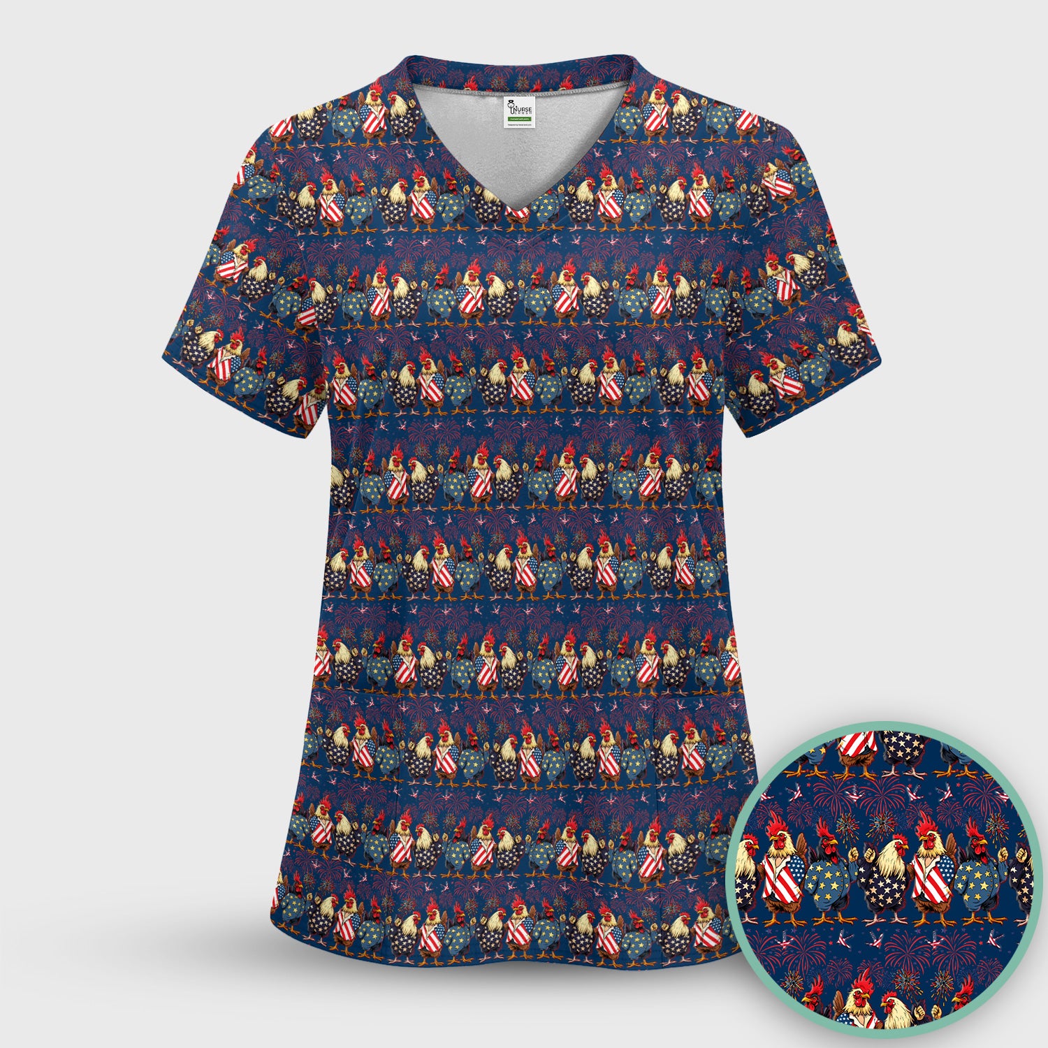Patriotic Rooster Fireworks Pattern Scrub Set, Scrub Pants and V Neck Top