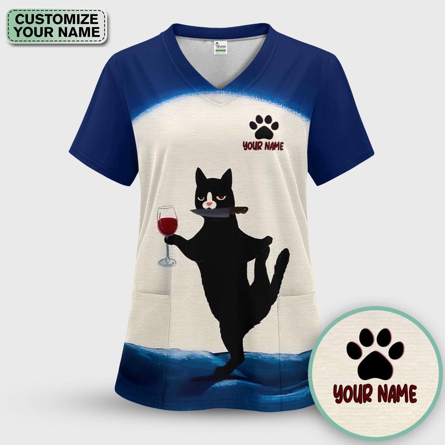 Personalized Funny Cat Holding Wine Glass Knife Pose Pattern Scrub Top, Comfortable Scrubs for Nurses