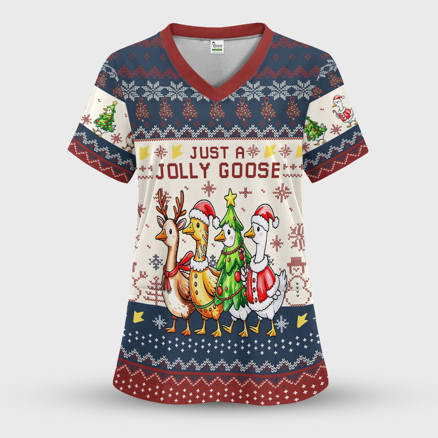 Funny Jolly Goose Christmas Scrub Top – Playful Holiday Goose Squad Pattern – Festive Medical Uniform for Nurses, Vets & Healthcare Workers