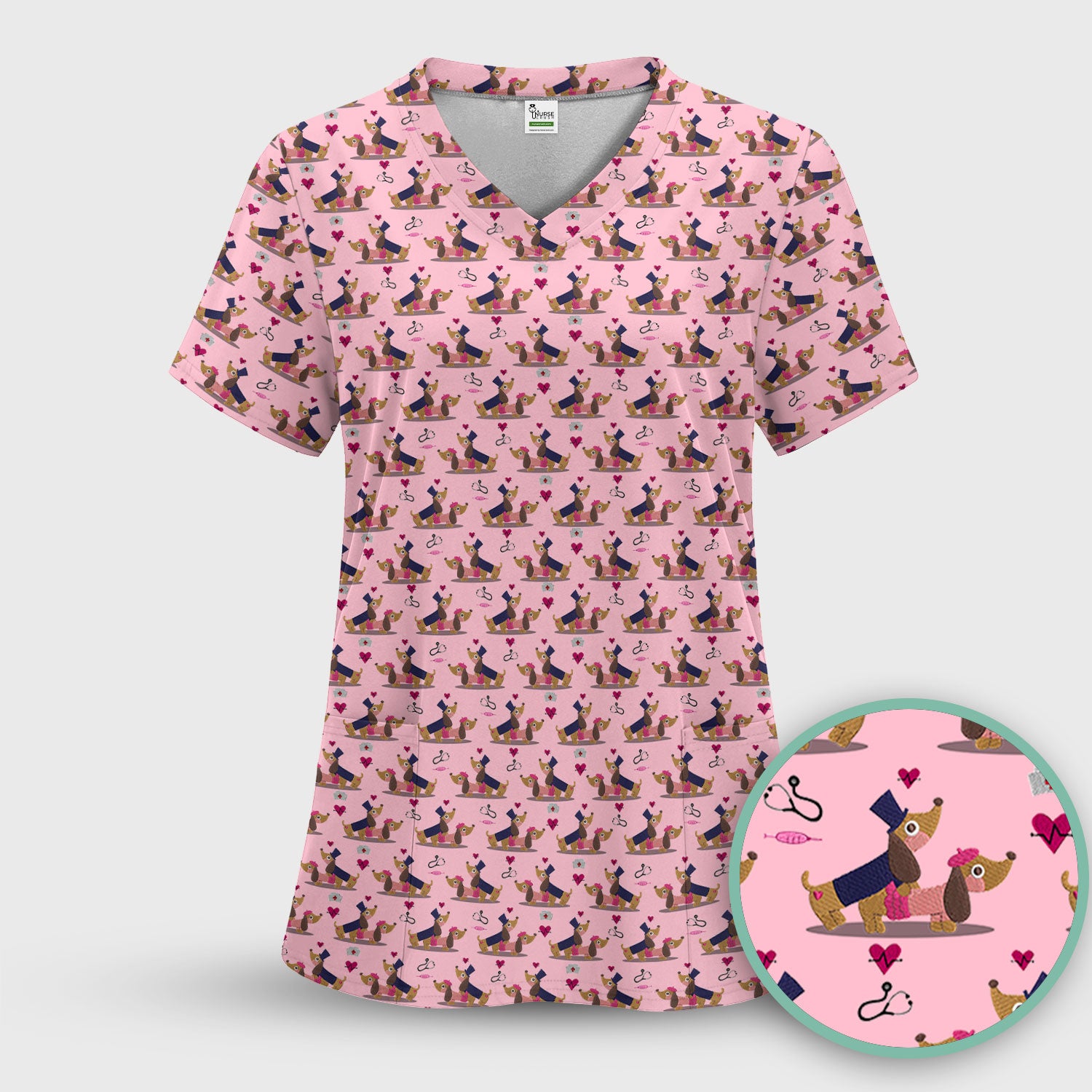 Cute Dachshund Valentine Nurse Scrub Top - Funny Gift for Women