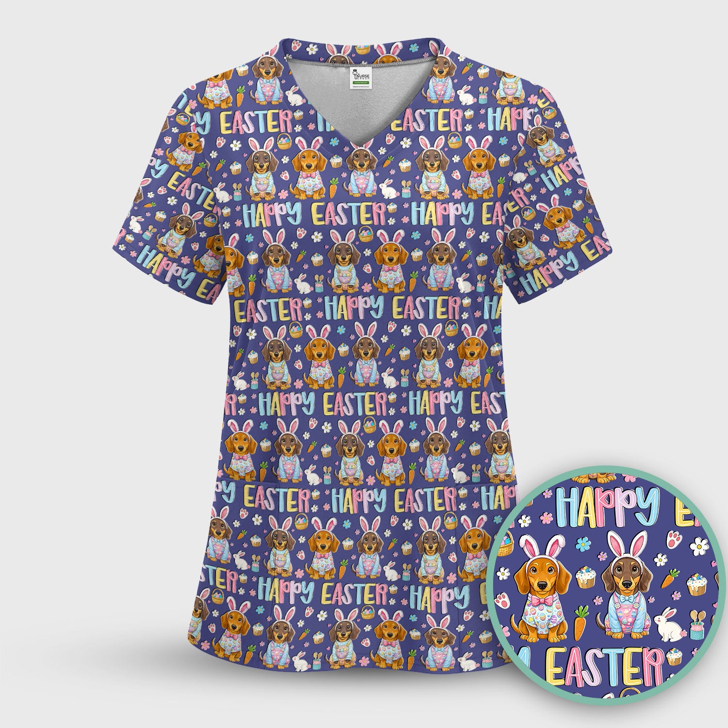 Happy Easter Dachshund Bunny Print Scrub Top, Comfortable Scrubs for Nurses