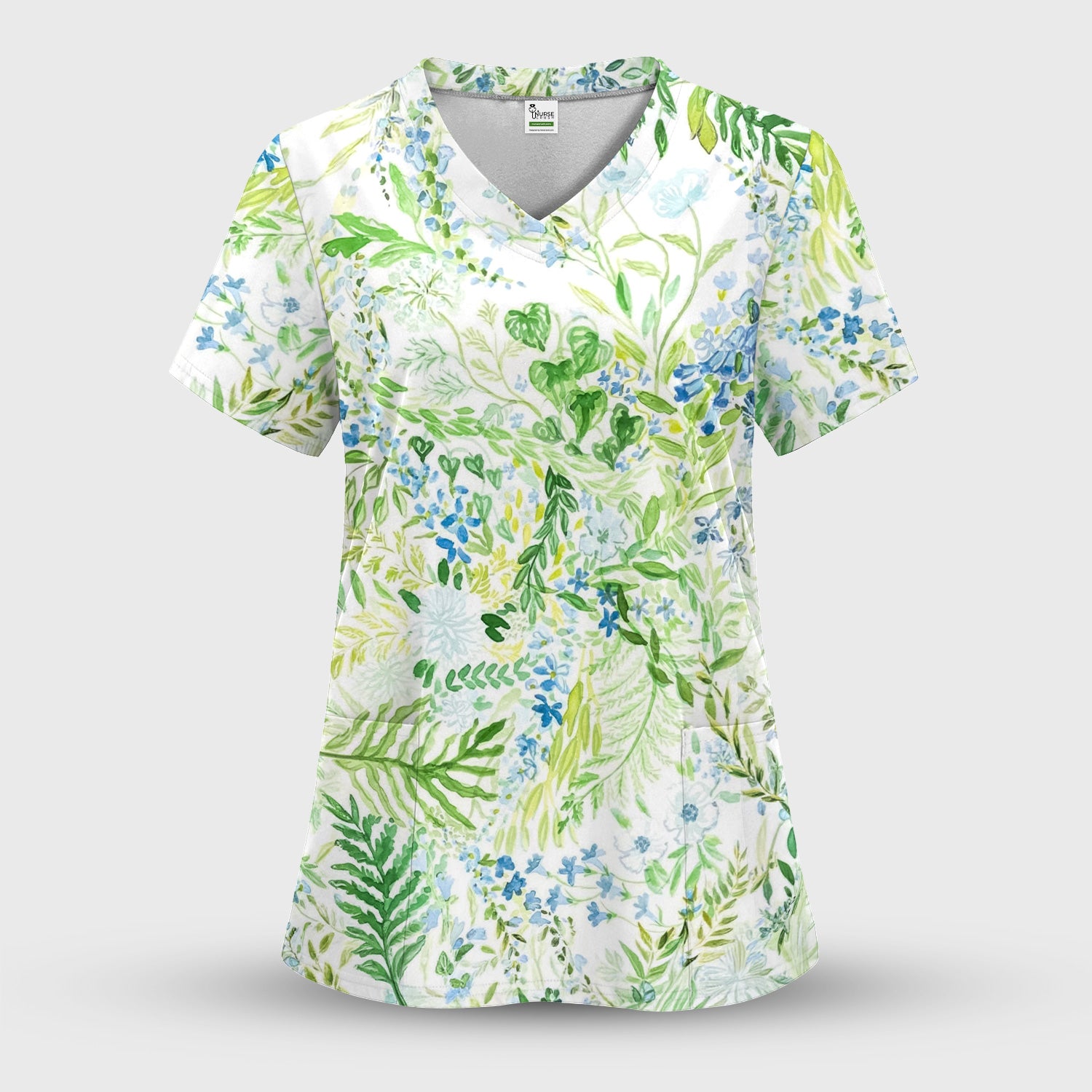 Green Botanical Floral Pattern Scrub Set, Scrub Pants and V Neck Top