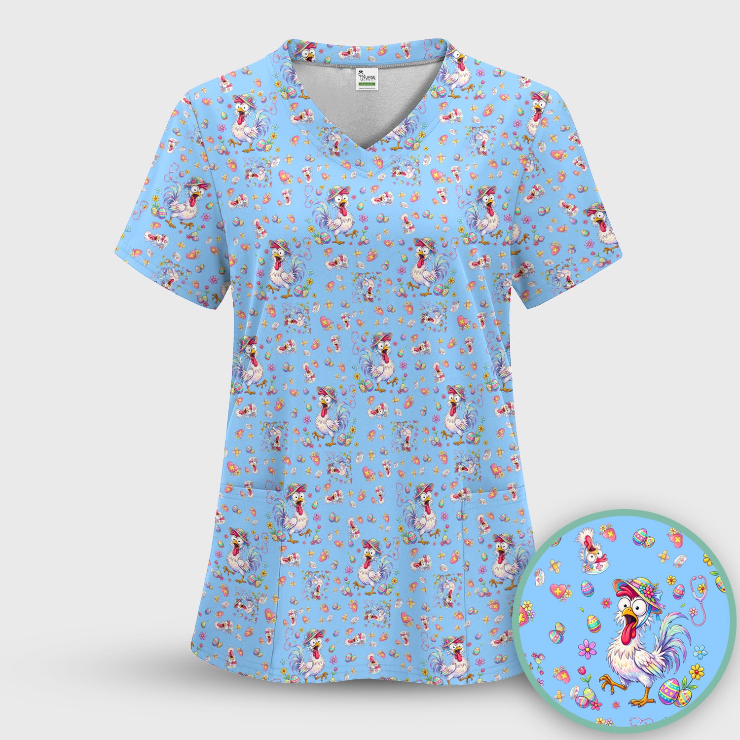 Funny Easter Nurse Chicken Pattern Scrub Top, Comfortable Scrubs for Nurses