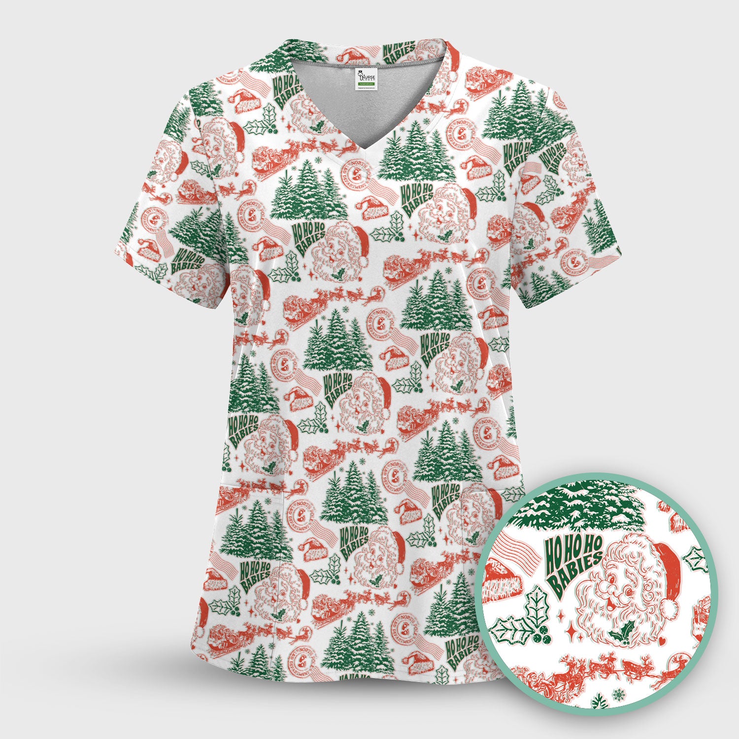 Christmas Santa Scrub Top, Vintage Holiday Nurse Shirt, Festive Medical Uniform For Nursing