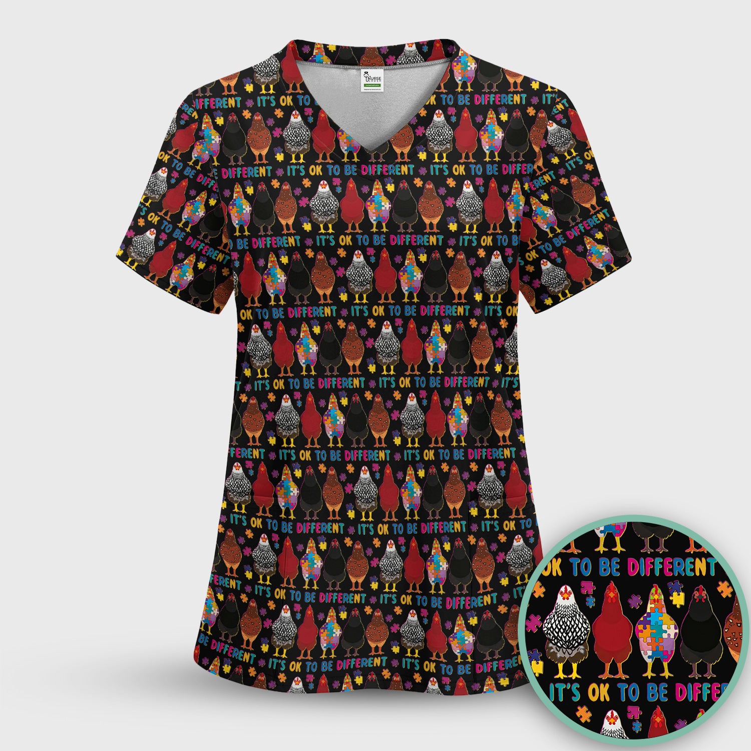 Autism Chicken It’s OK to Be Different Print Scrub Top, Comfortable Scrubs for Nurses