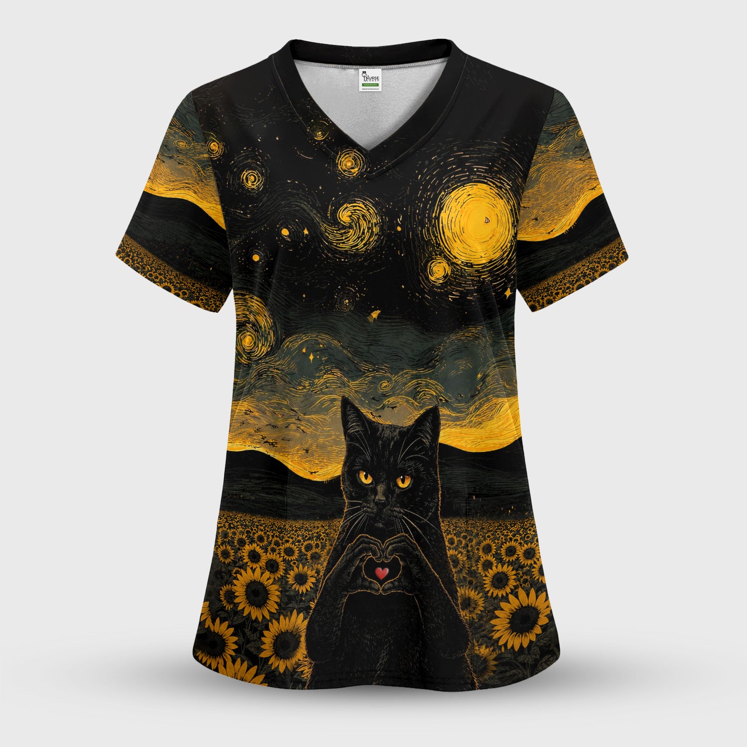 Cute Black Cat Sunflower Night Pattern Scrub Top, Comfortable Scrubs for Nurses