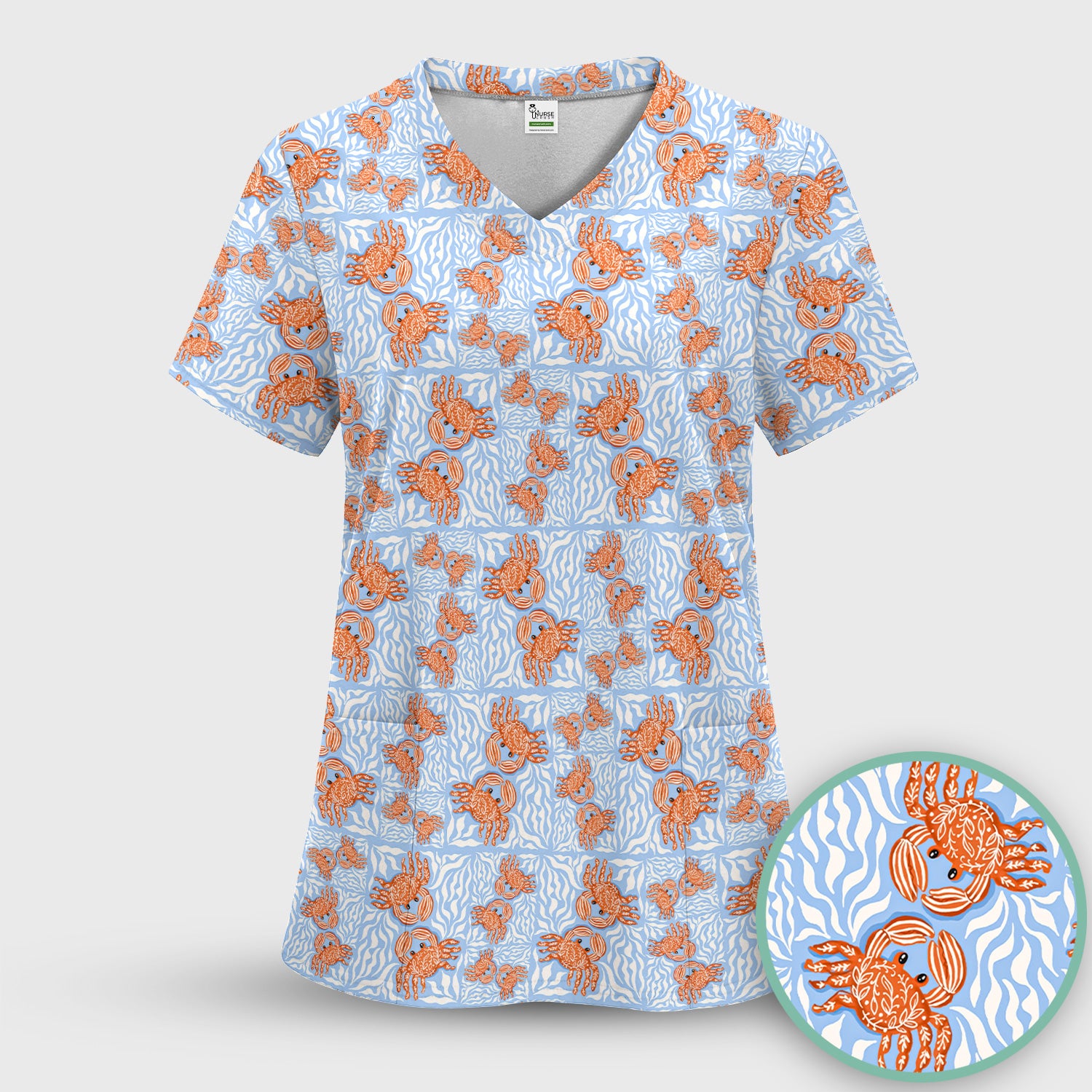 Cute Coastal Crab Print Scrub Set, Women's Scrub Sets