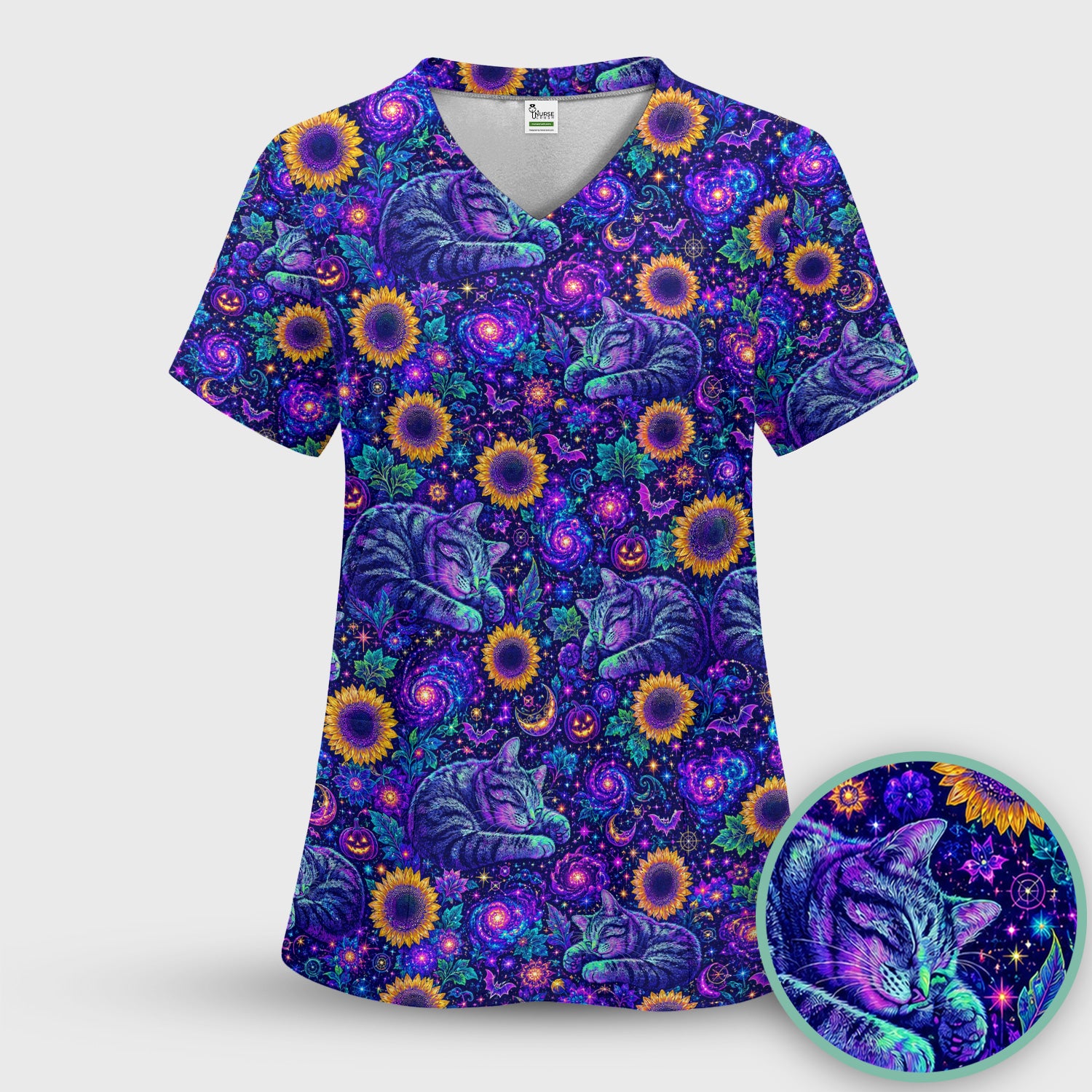Spooky Galaxy Cat And Sunflowers Scrub Top, Comfortable Scrubs for Nurses