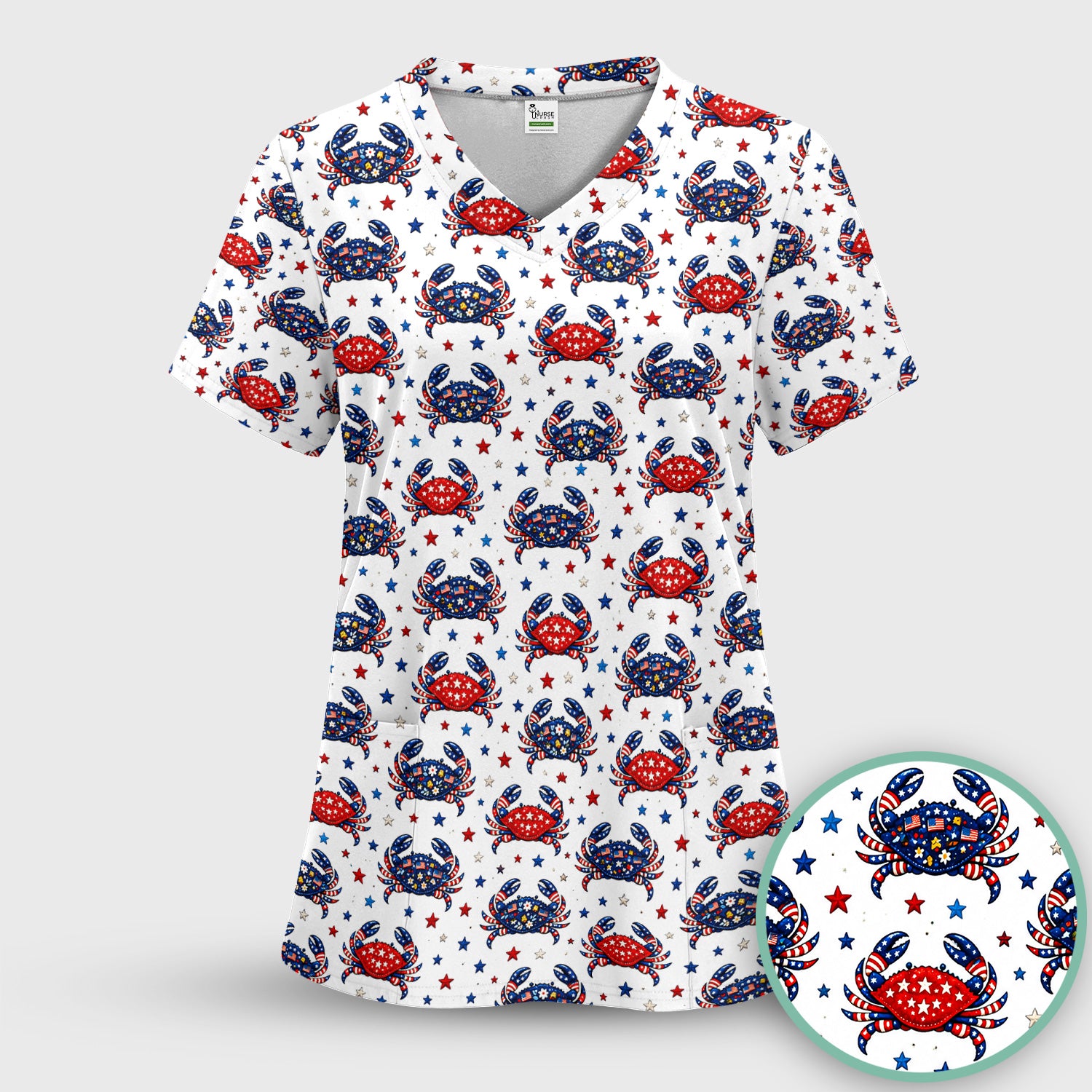 Patriotic Crab Stars Pattern Scrub Top, Comfortable Scrubs for Nurses