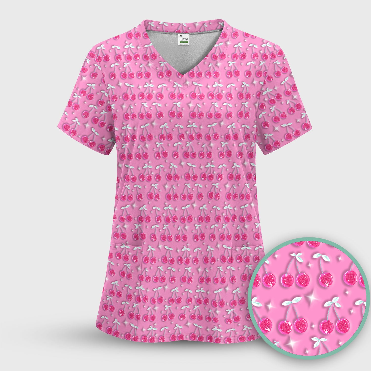 Pink Cherry Sparkle Print Scrub Top, Comfortable Scrubs for Nurses