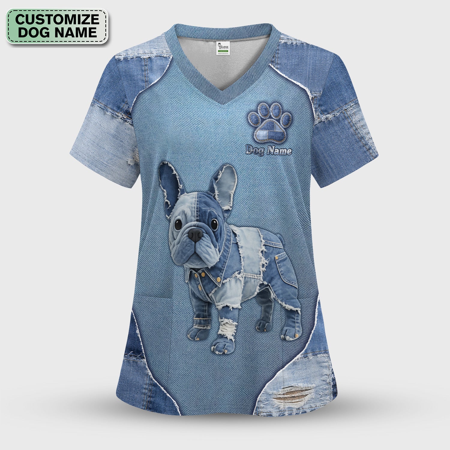 Custom Dog Name Denim French Bulldog Scrub Top, Breathable Fabrics Nursing Uniform