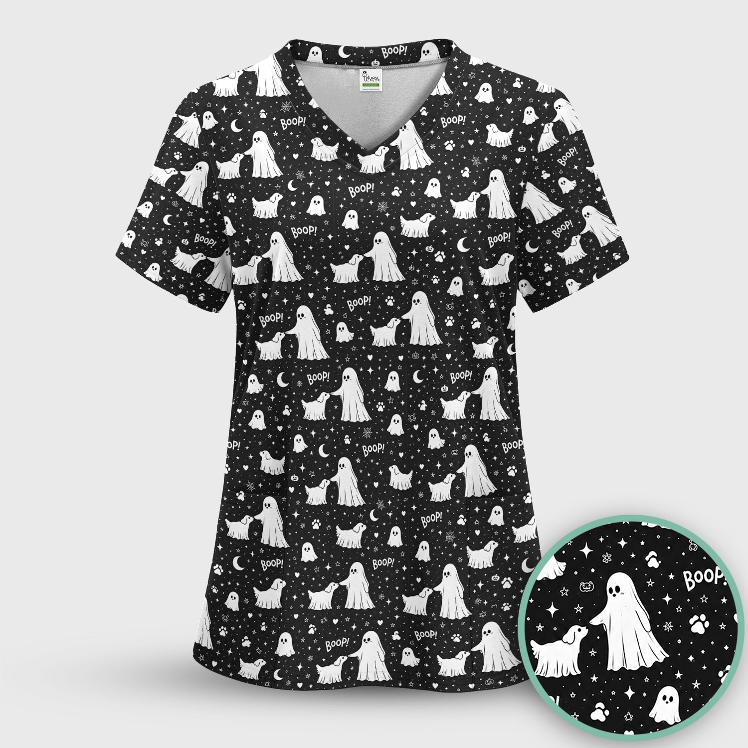 Halloween Ghost Boop Dog Pattern Scrub Top, Comfortable Scrubs for Nurses