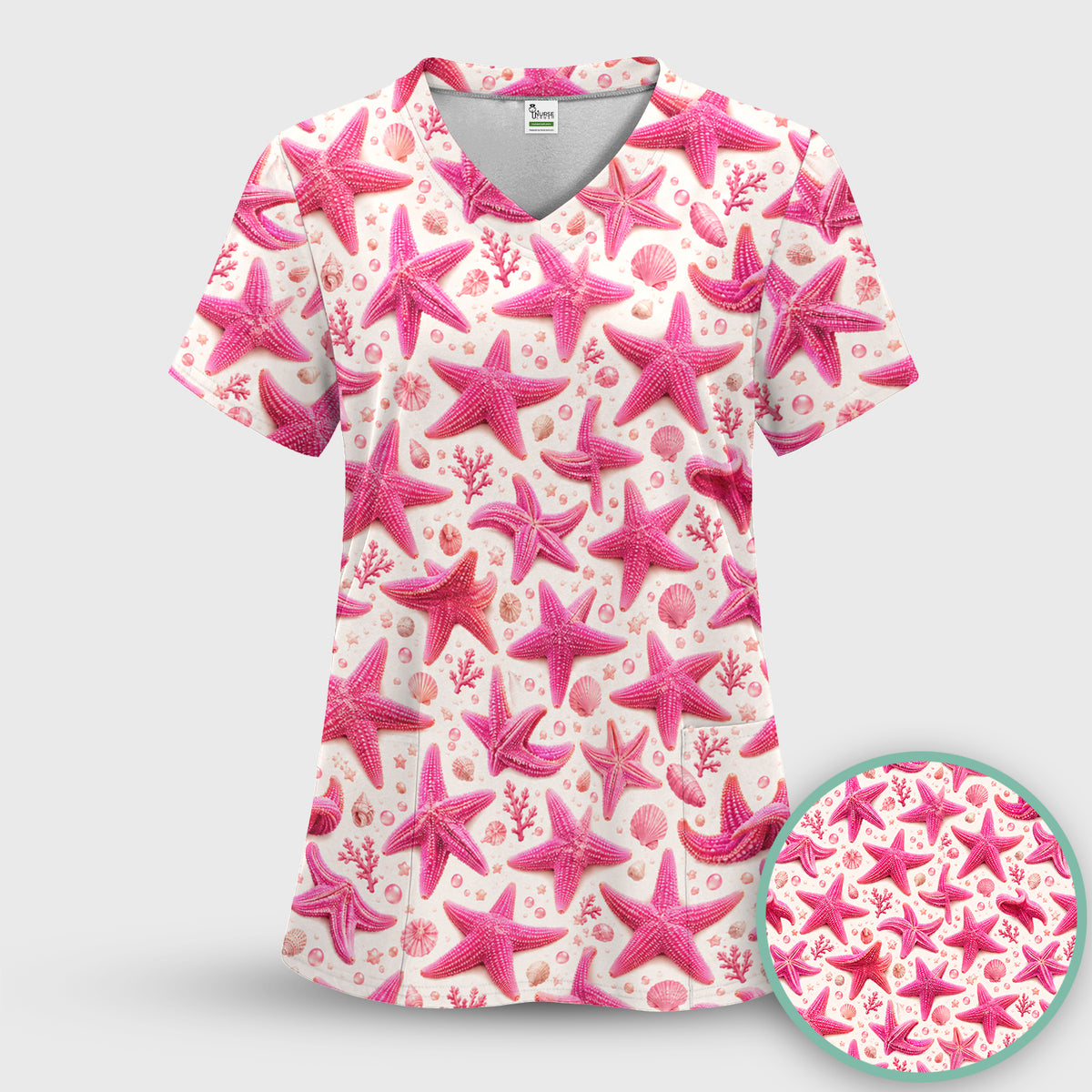Pink Starfish And Seashell Pattern Scrub Top, Comfortable Scrubs for Nurses