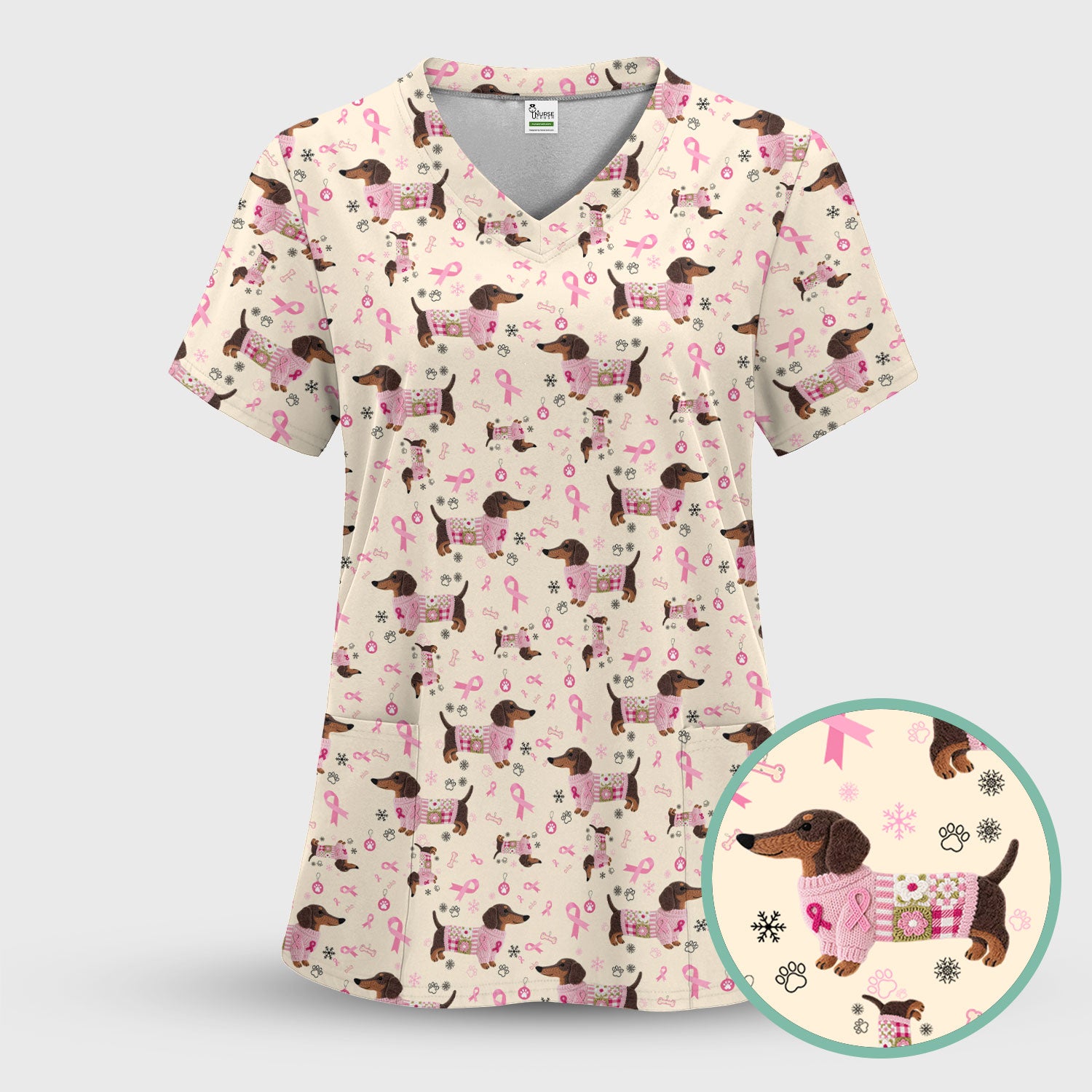 Pink Dachshund Breast Cancer Awareness Scrub Top - Puppy Dog Ribbon Nurse Shirt - Wiener Support Fight Cancer Medical Uniform Gift
