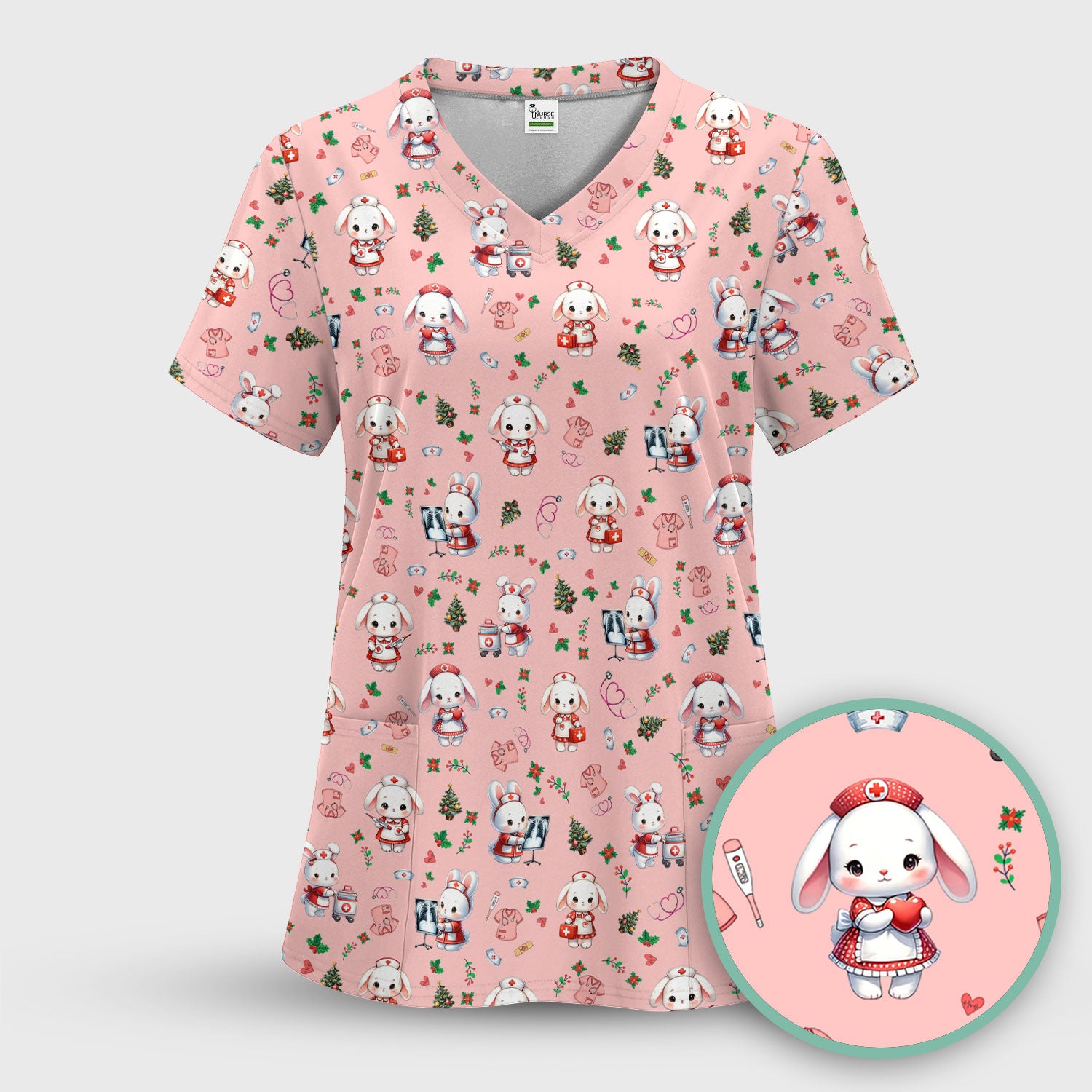 Cute Bunny Scrub Top for Nurse - Adorable Christmas Rabbit Shirt - Funny Holiday Medical Shirt Gift for Women RN LPN CNA