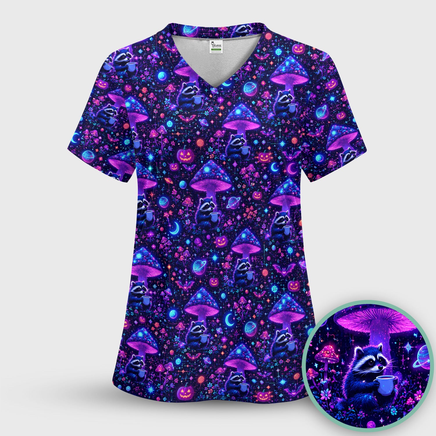 Halloween Raccoon And Mushrooms Scrub Top, Comfortable Scrubs for Nurses